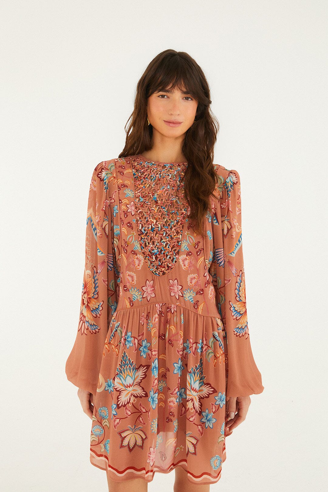Mocha Boho Enhance Lace Long Sleeve Mini Dress
