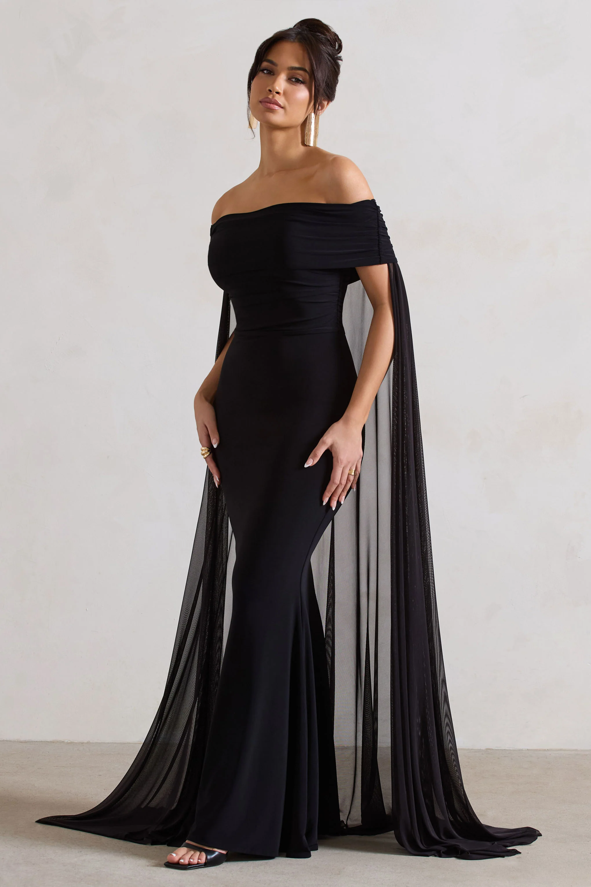 Carlotta | Black Bardot Maxi Dress With Chiffon Cape