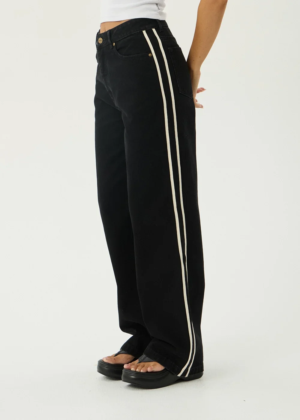 AFENDS Womens Bella Stripe - Denim Wide Leg Jean - Washed Black