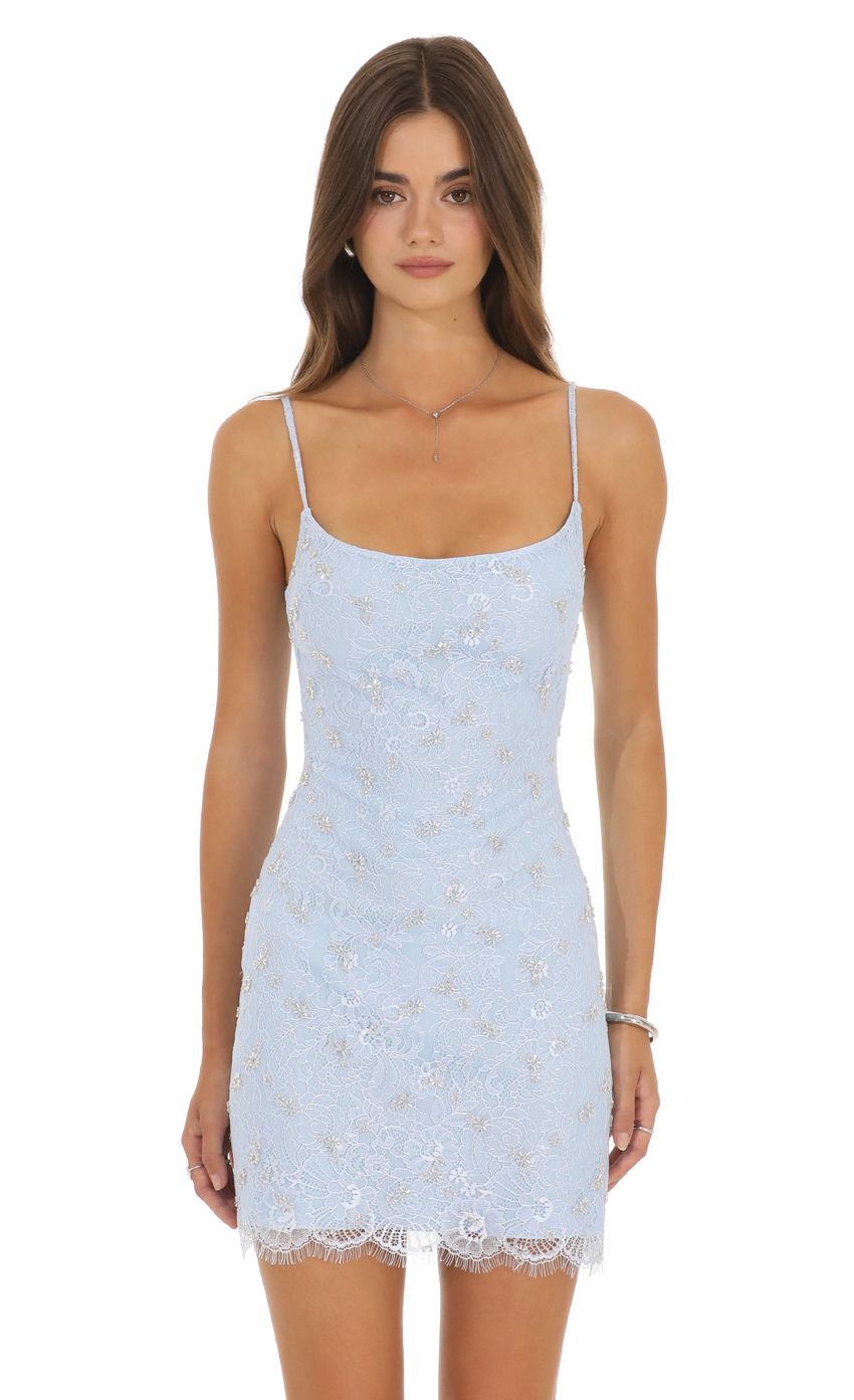 Beaded Lace Mini Dress - Light Blue