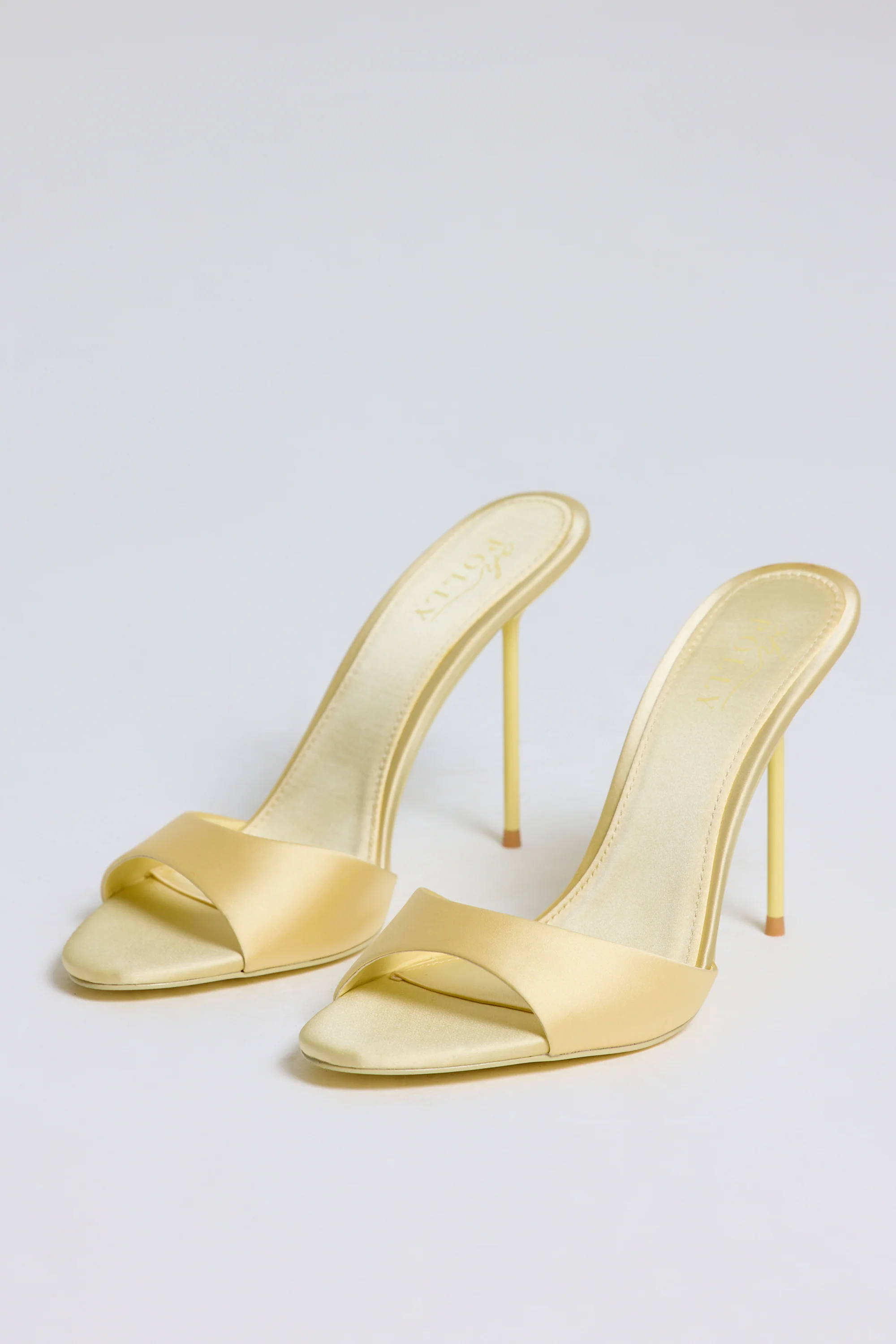 Satin Heeled Mule Sandal in Butter Yellow