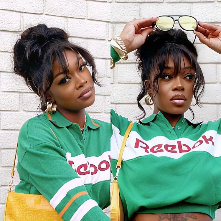 Body Wave Updo Hairpiece with Clip-In 5x5 Lace Closure Bangs and Drawstring Ponytail Quick & Easy