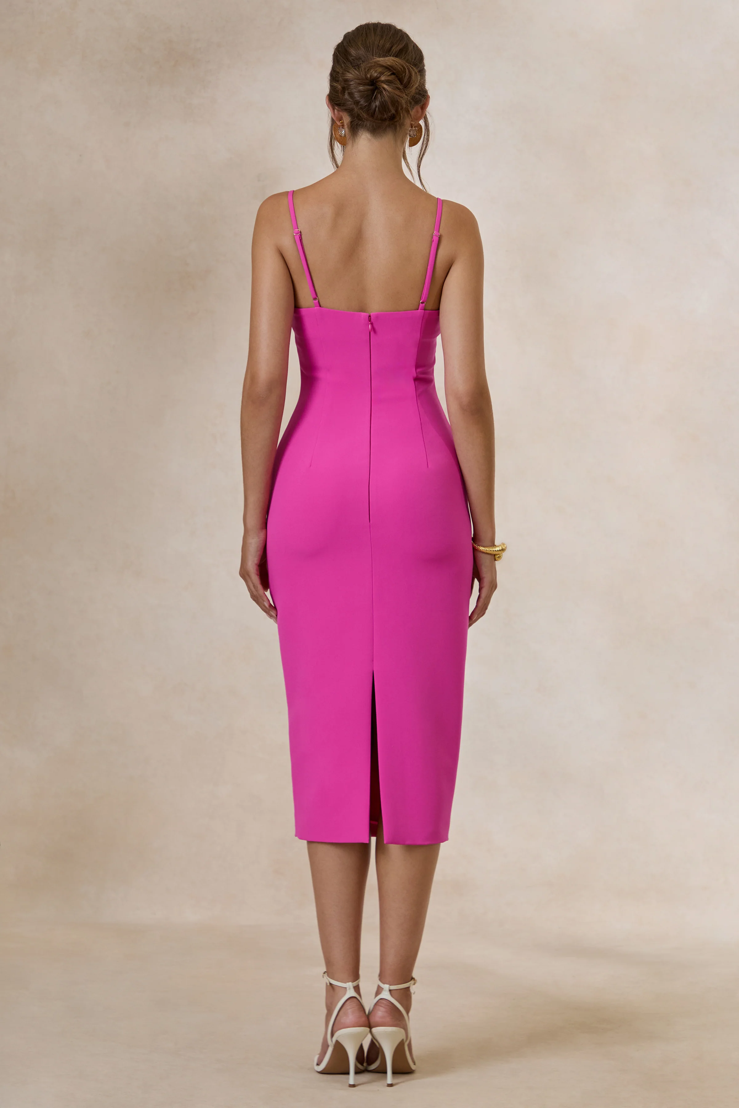 Celandia | Hot Pink Round Neck Midi Dress With Detachable Cape And Back Split