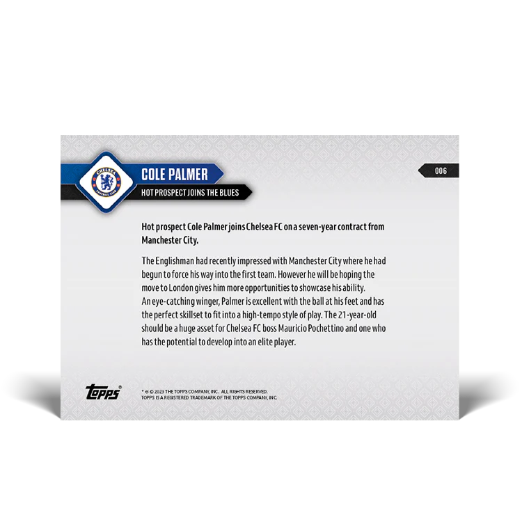 Topps UK - Cole Palmer - Hot prospect joins the Blues - CHELSEA TOPPS NOW® Card #006