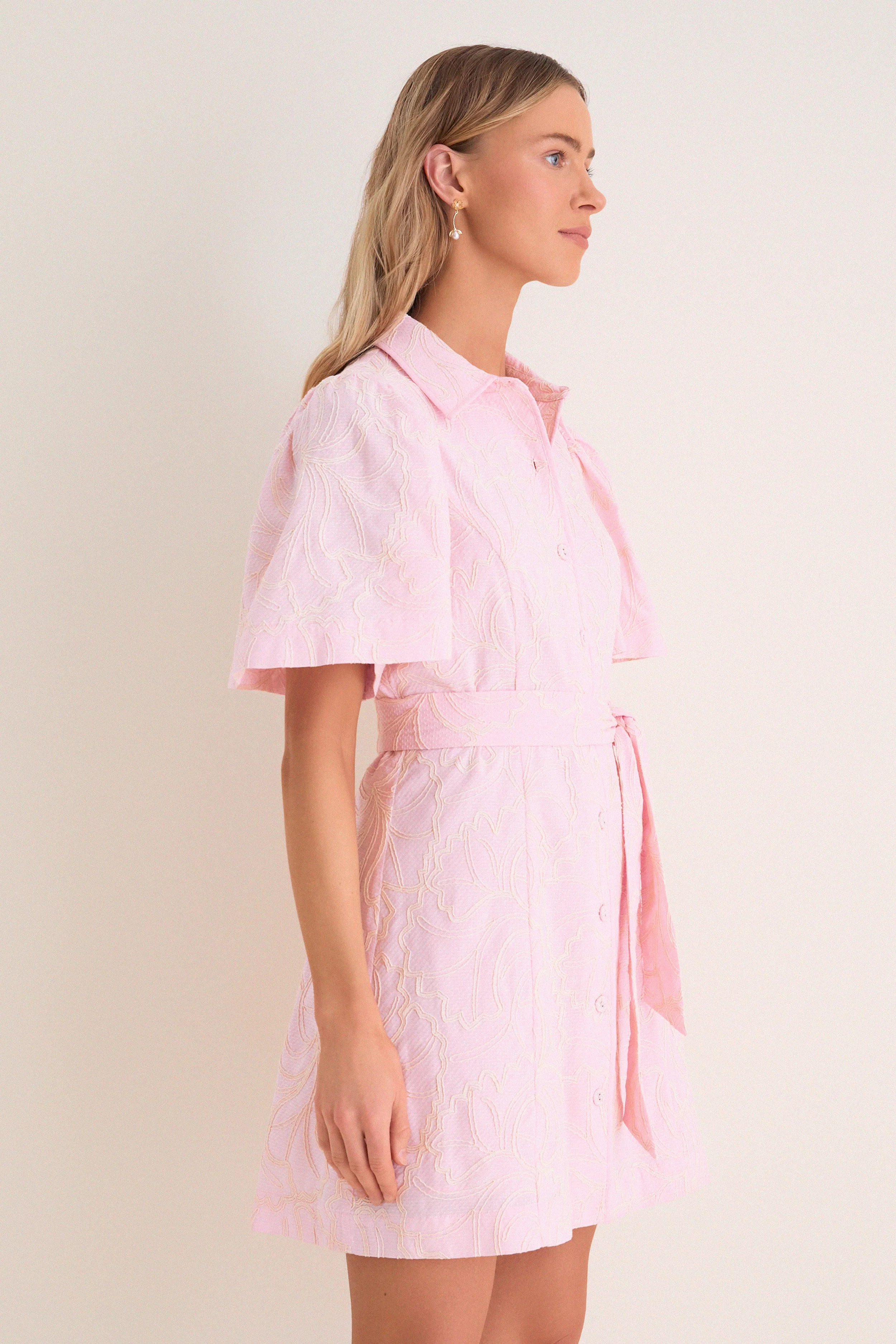 Light Pink Embroidered Gingko Leaf Peppa Mini Dress