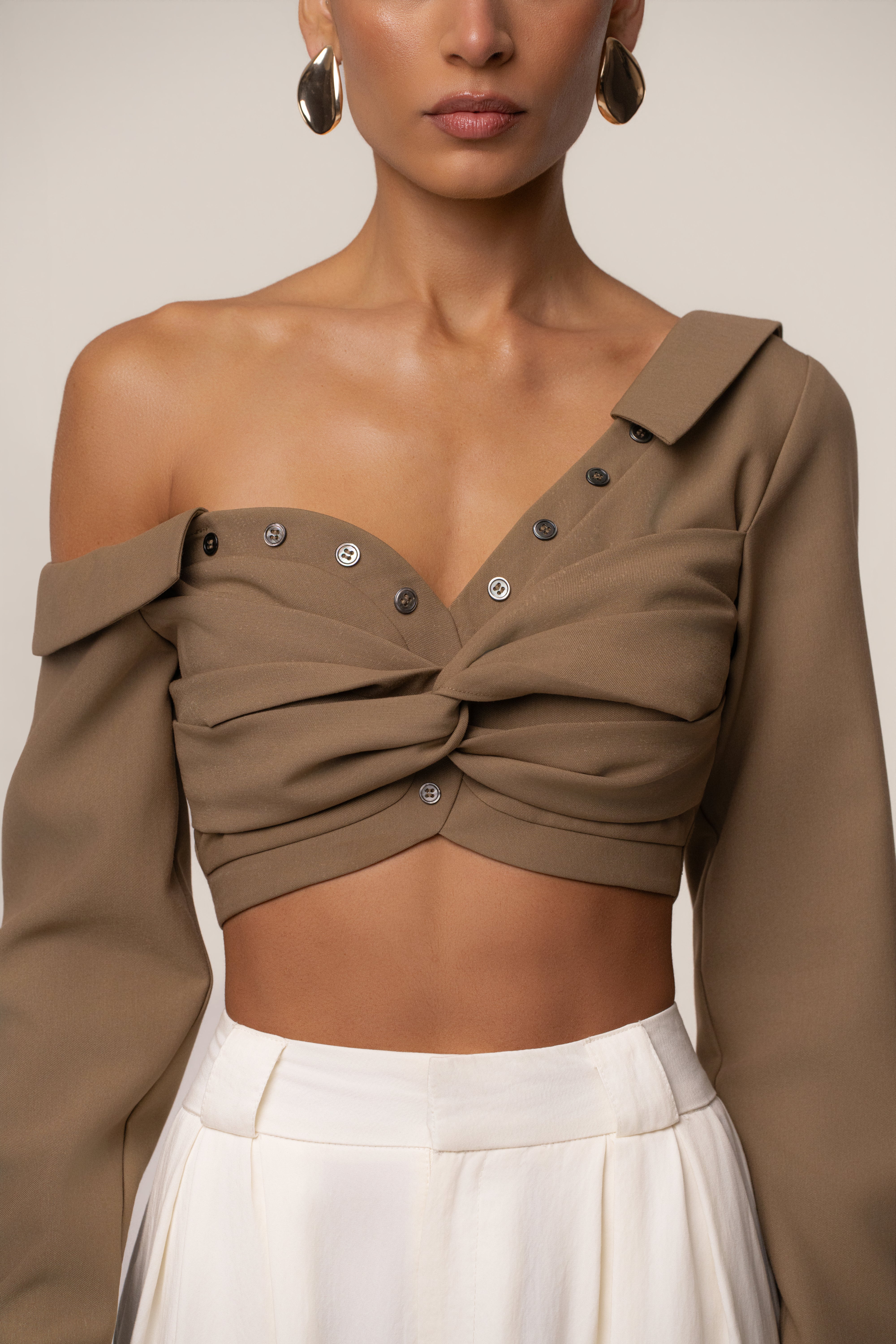 Olive Off-Shoulder Twist Crop Top