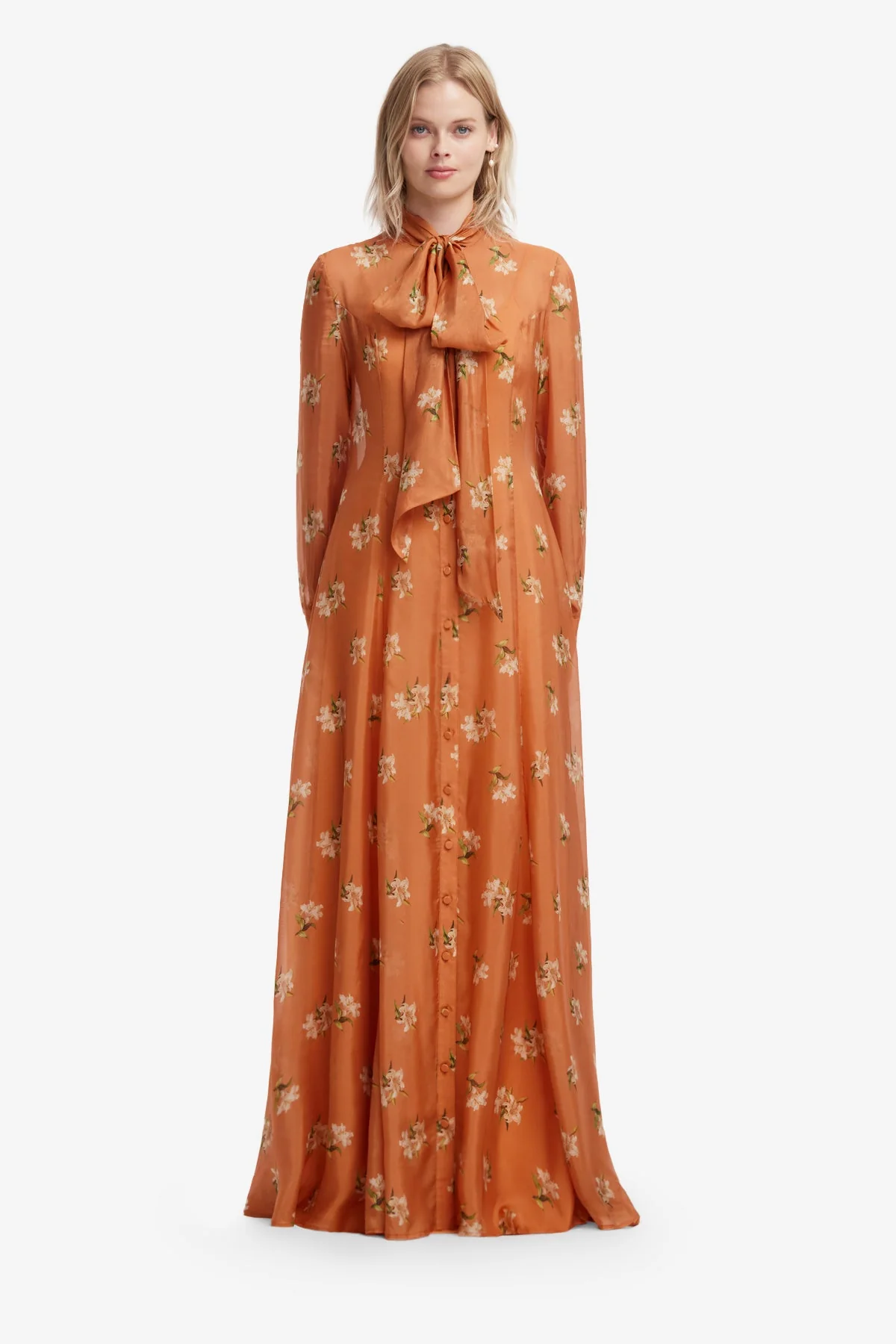 Lilith Tie Neck Maxi Dress - Lily Print in Ochre
