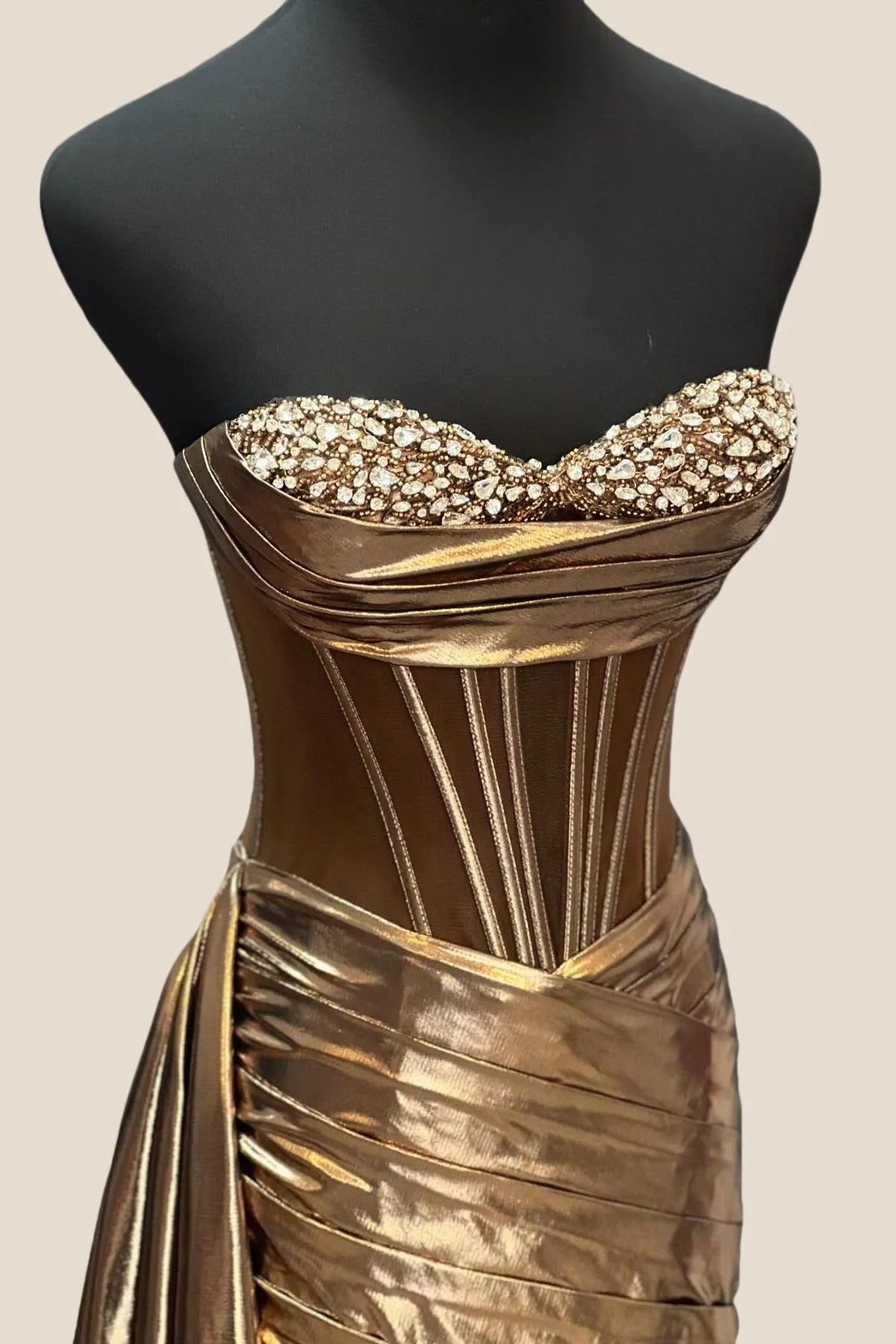 Brown Metallic Corset Ruched Tight Mini Dress with Train