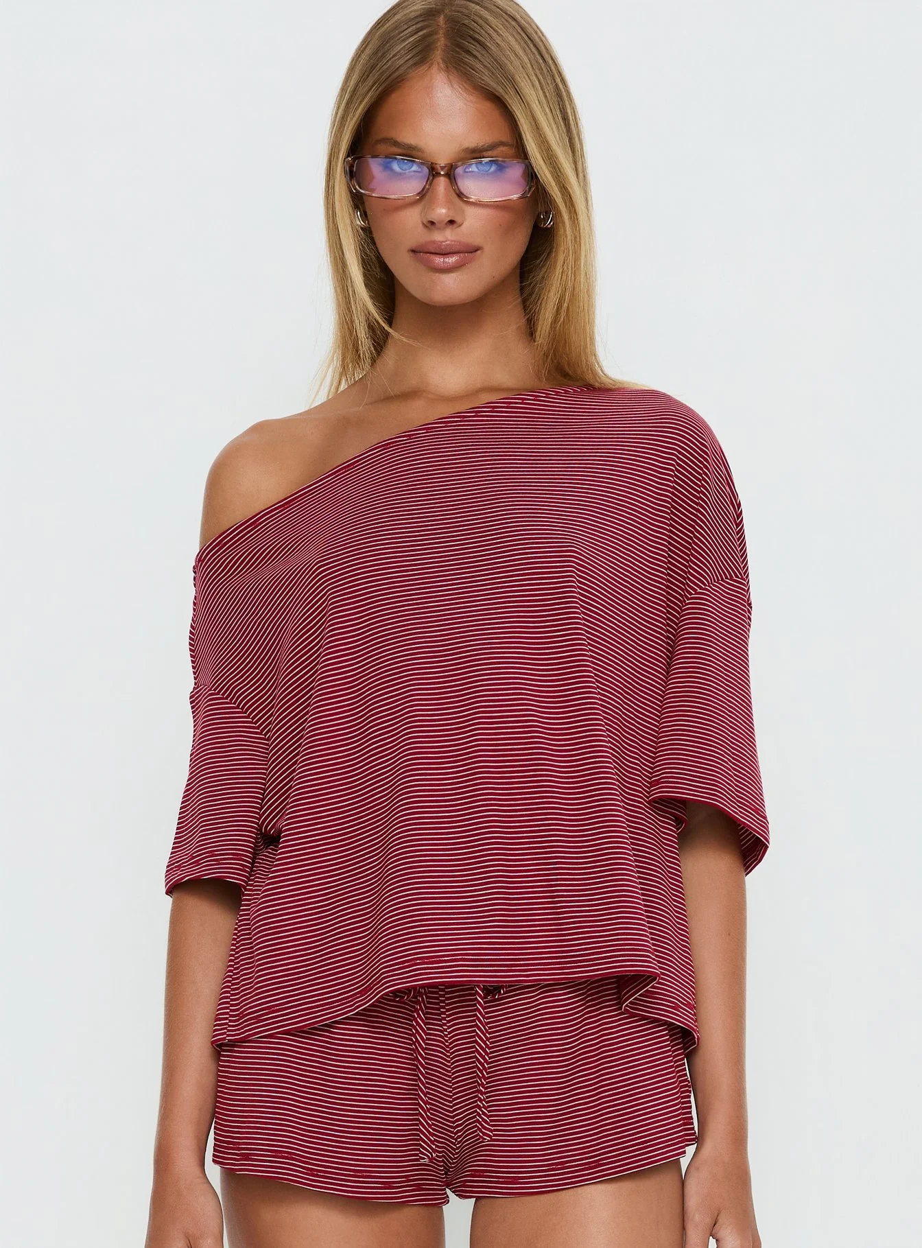 Sugar Surge Off Shoulder Sleep Top Cherry Stripe