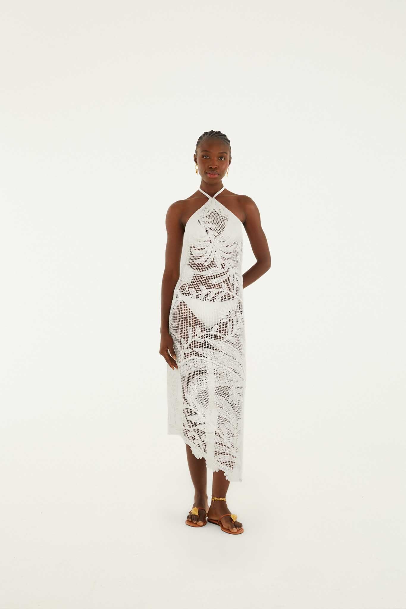 White Crochet Halter Neck Sheer Midi Dress