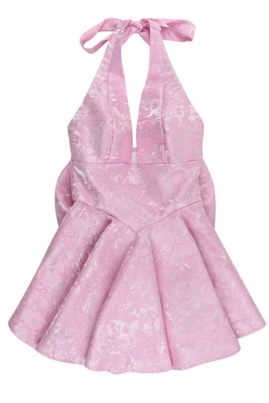 Halter Pink Plunge Short A-line Bow Dress