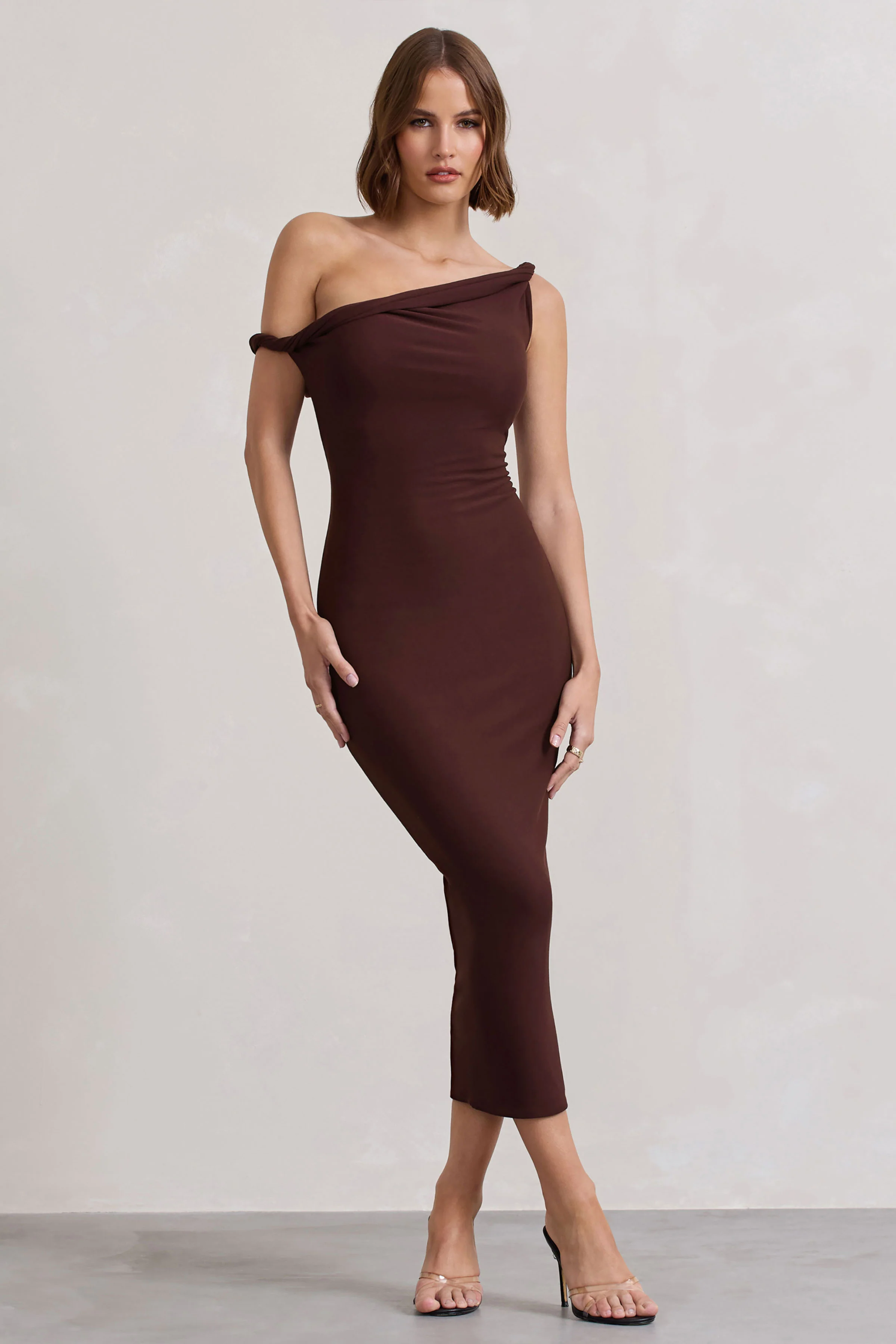 Salome | Chocolate Brown Twisted Asymmetric Midi Dress