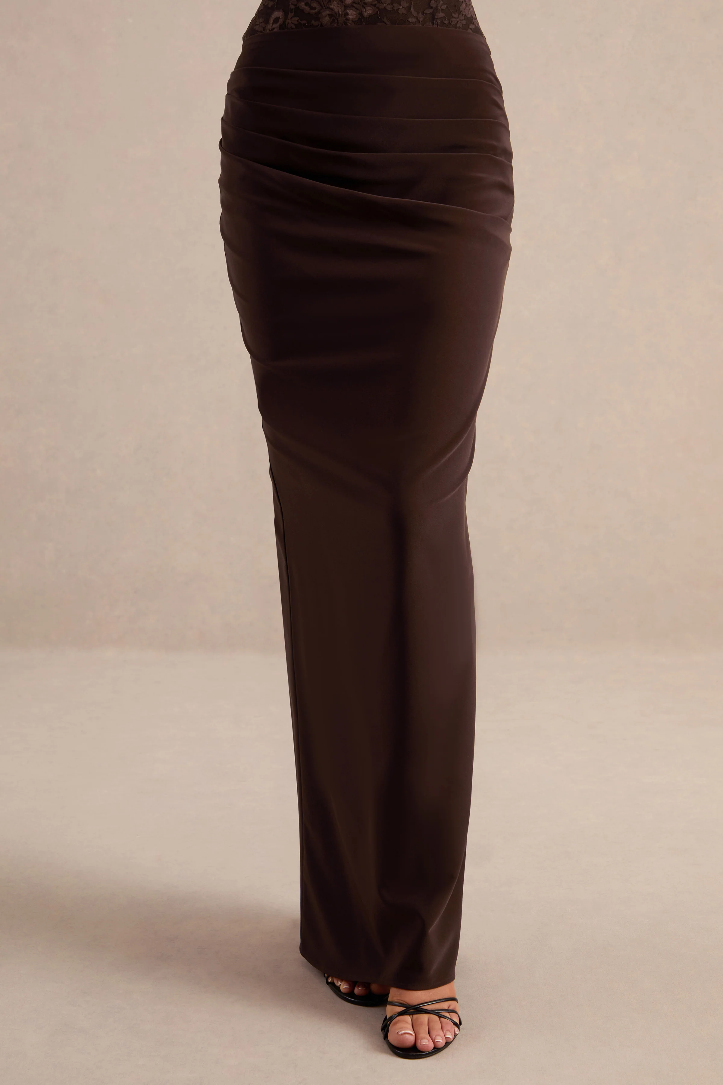 Sylisse | Dark Brown Satin Mid Rise Maxi Skirt With Draped Detailing And Back Split