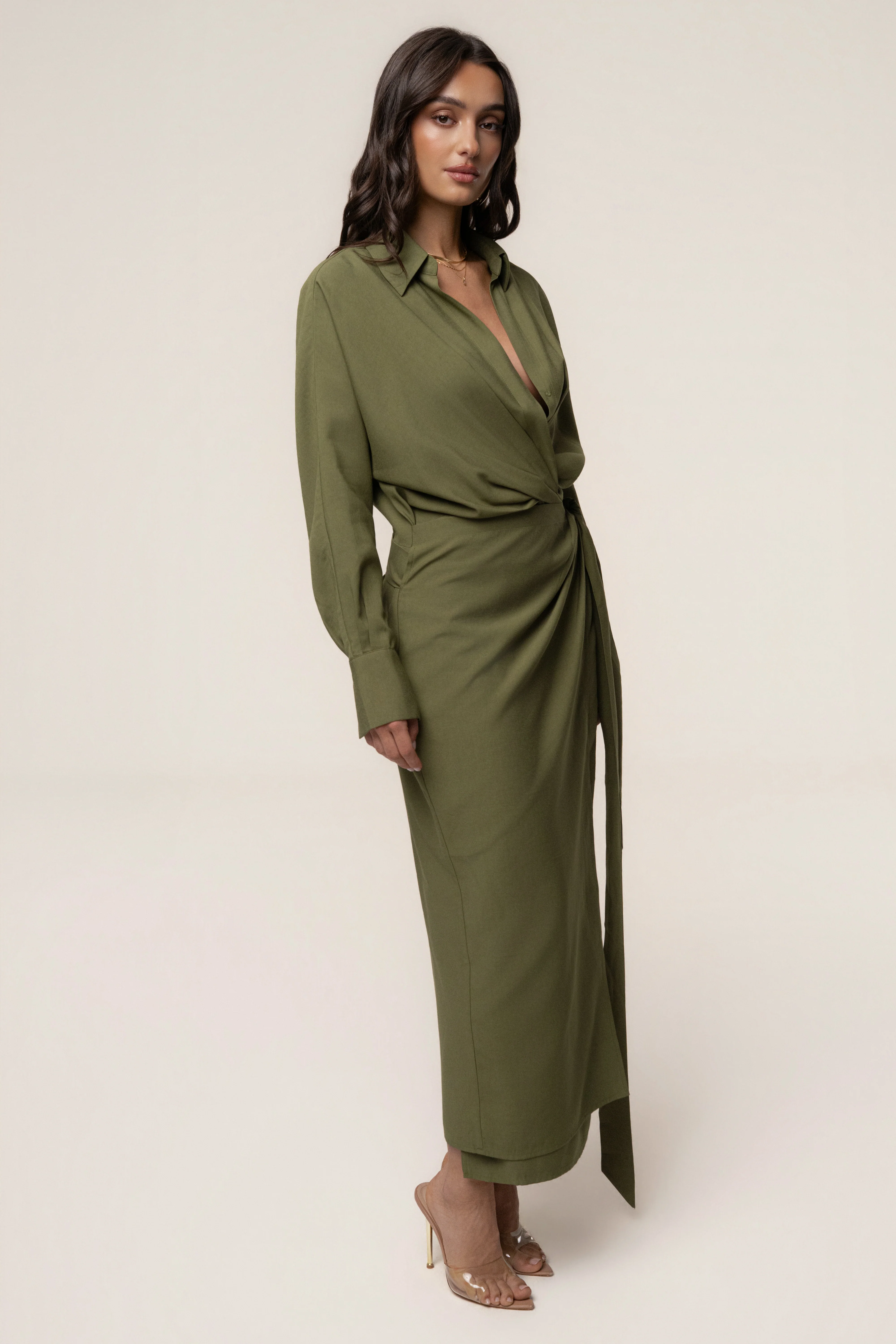 Olive Skyline Wrap Midi Dress