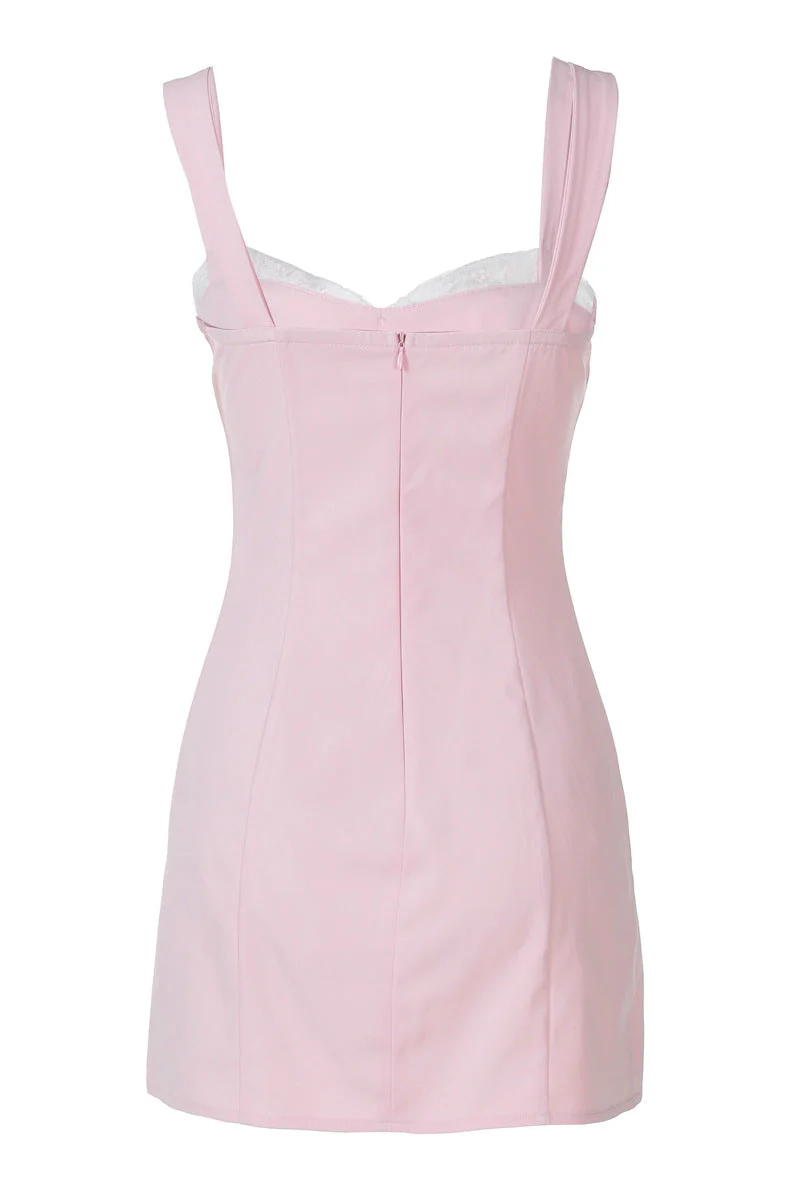 Straps Light Pink Lace Stitching Short Dress