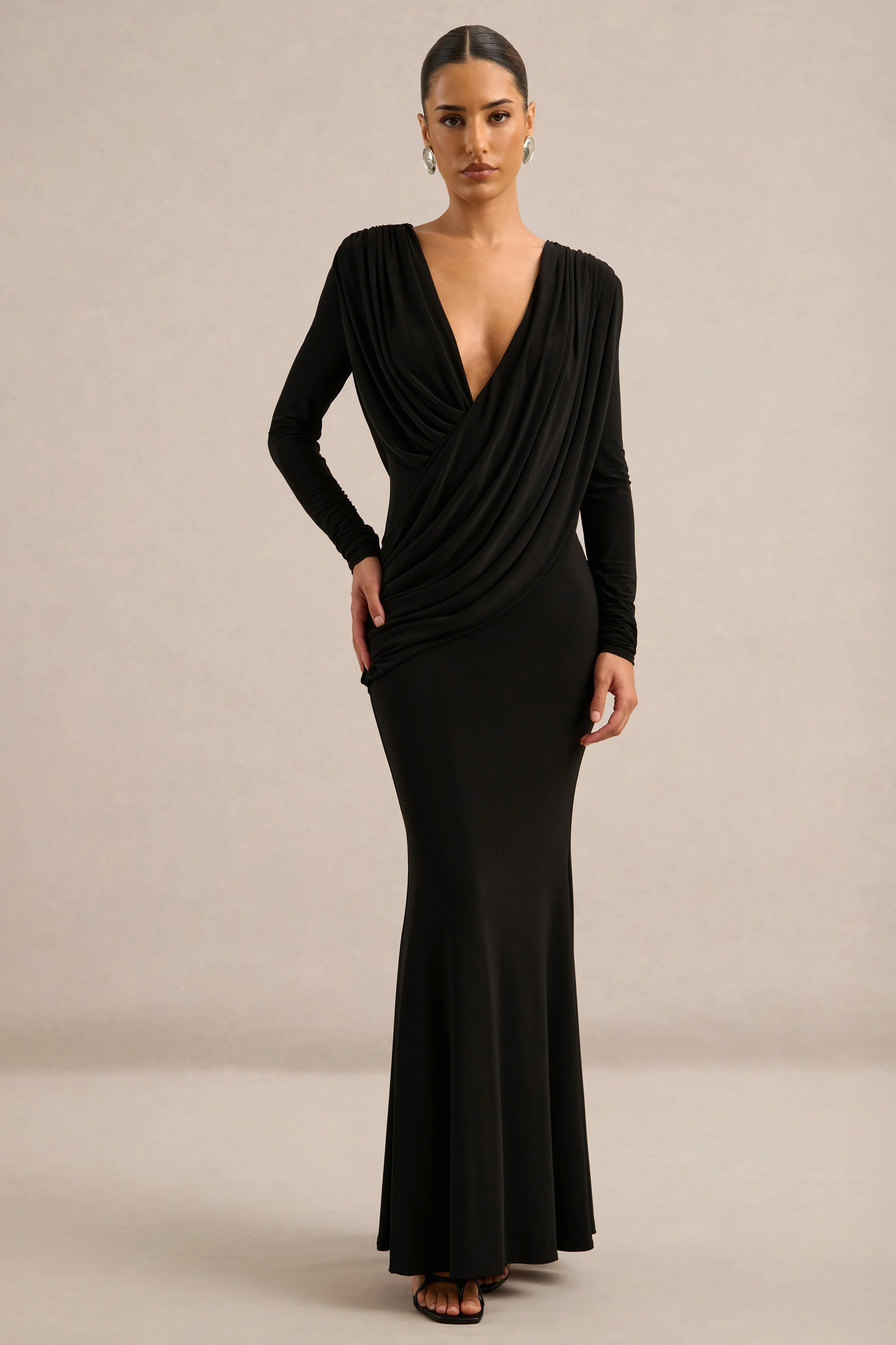 Azmina | Black Jersey Ruched V Neck Long Sleeve Maxi Dress With Draped Detailing And Low Back