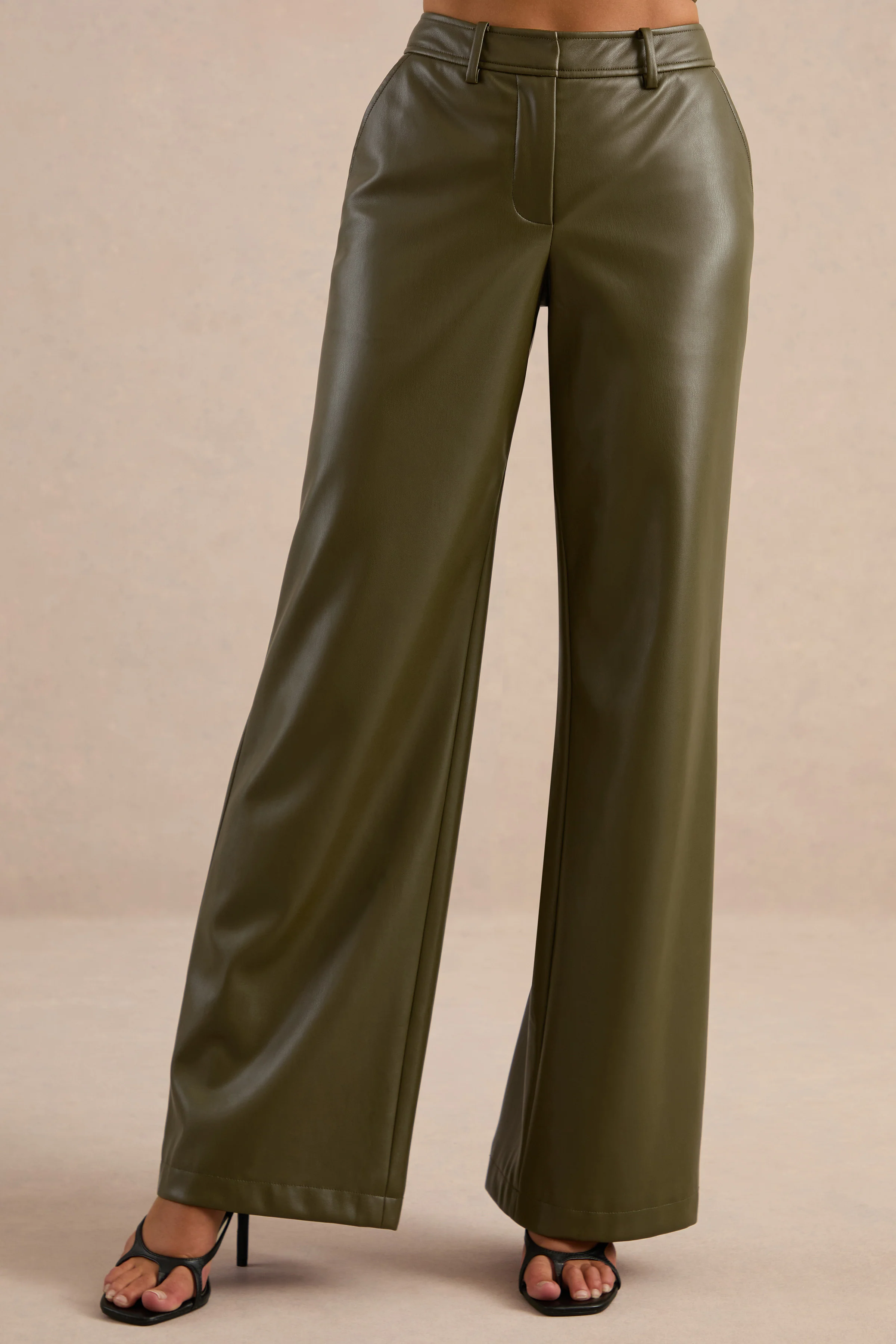 Gaelina | Khaki Faux Leather Straight Leg Trousers
