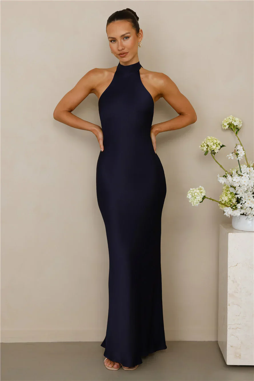 The Cleo Halter Satin Maxi Dress Navy