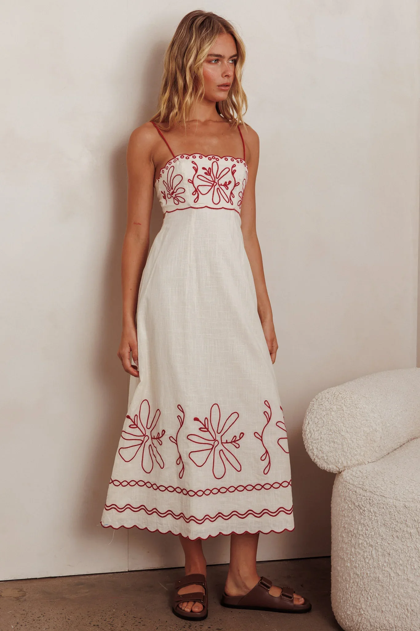 Mondo Scalloped Hem Maxi Dress Embroidered Red