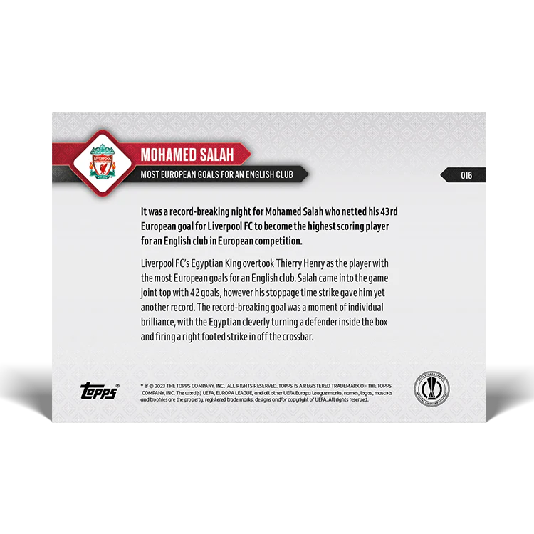 Topps UK - Mohamed Salah - UEFA Record: Most European goals for an English club - UEL TOPPS NOW® Card #16