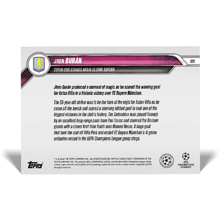 Jhon Durán - Super-sub strikes again to sink Bayern - 24/25 UCC Topps NOW® Card 22