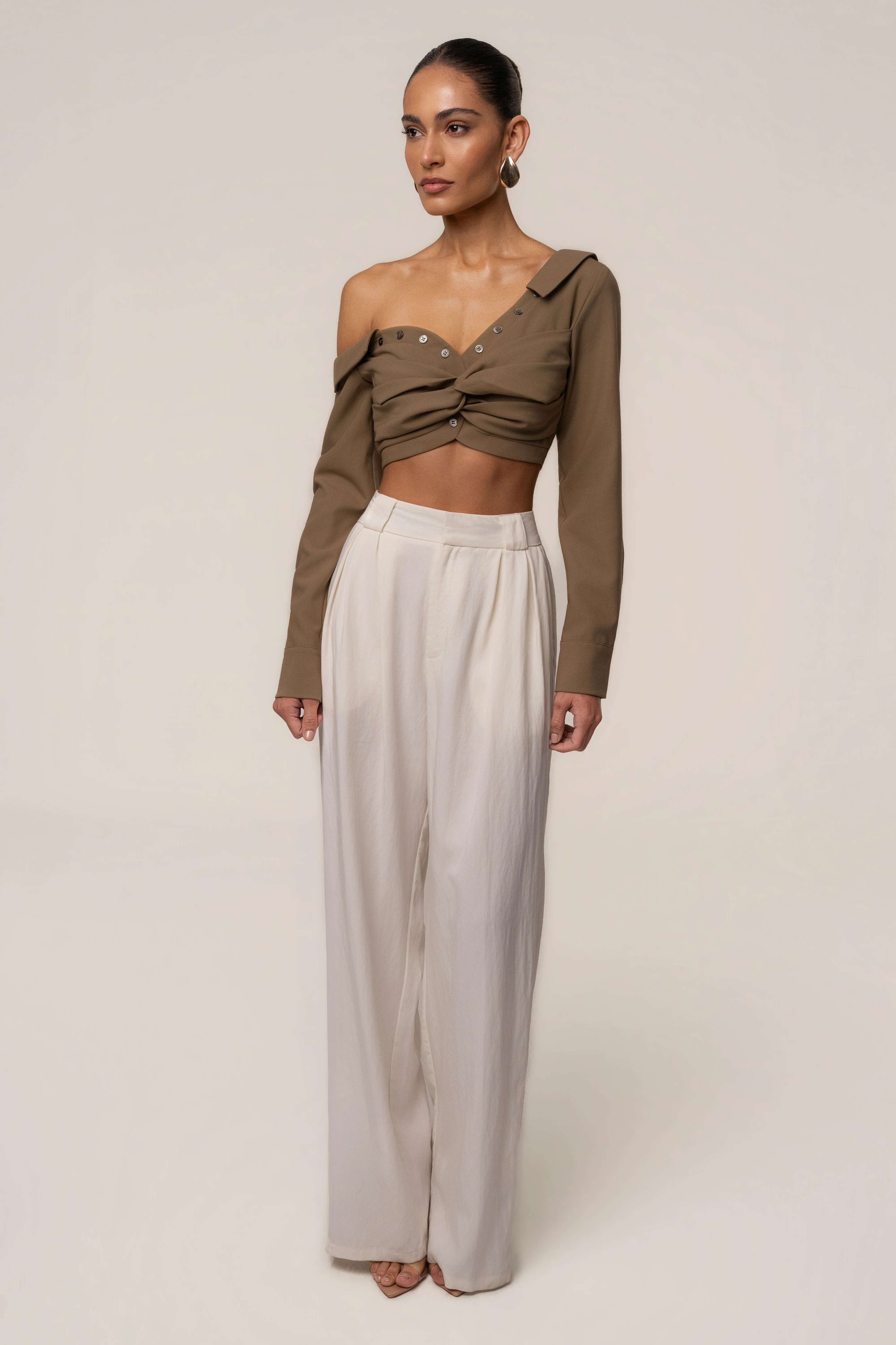 Olive Off-Shoulder Twist Crop Top