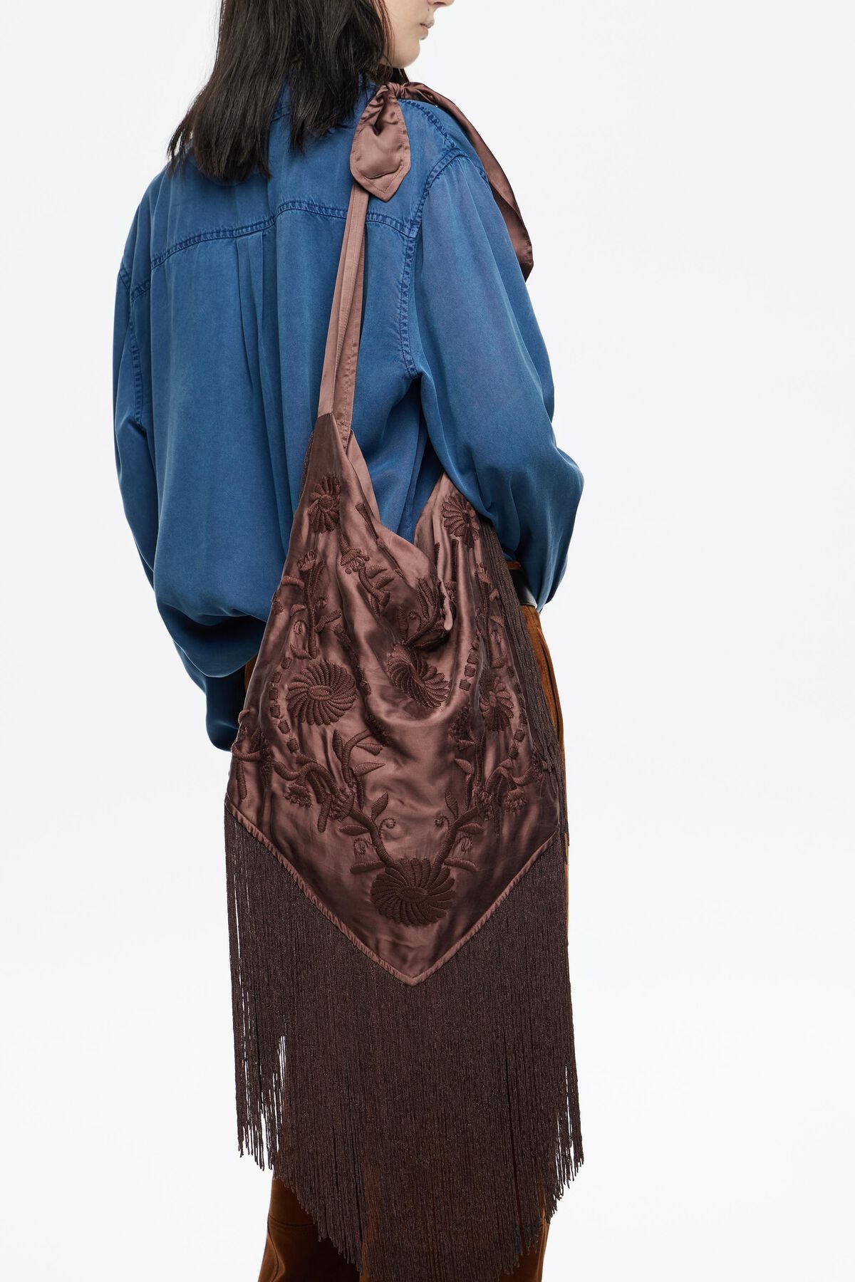 Brown embroidered fringed shoulder bag