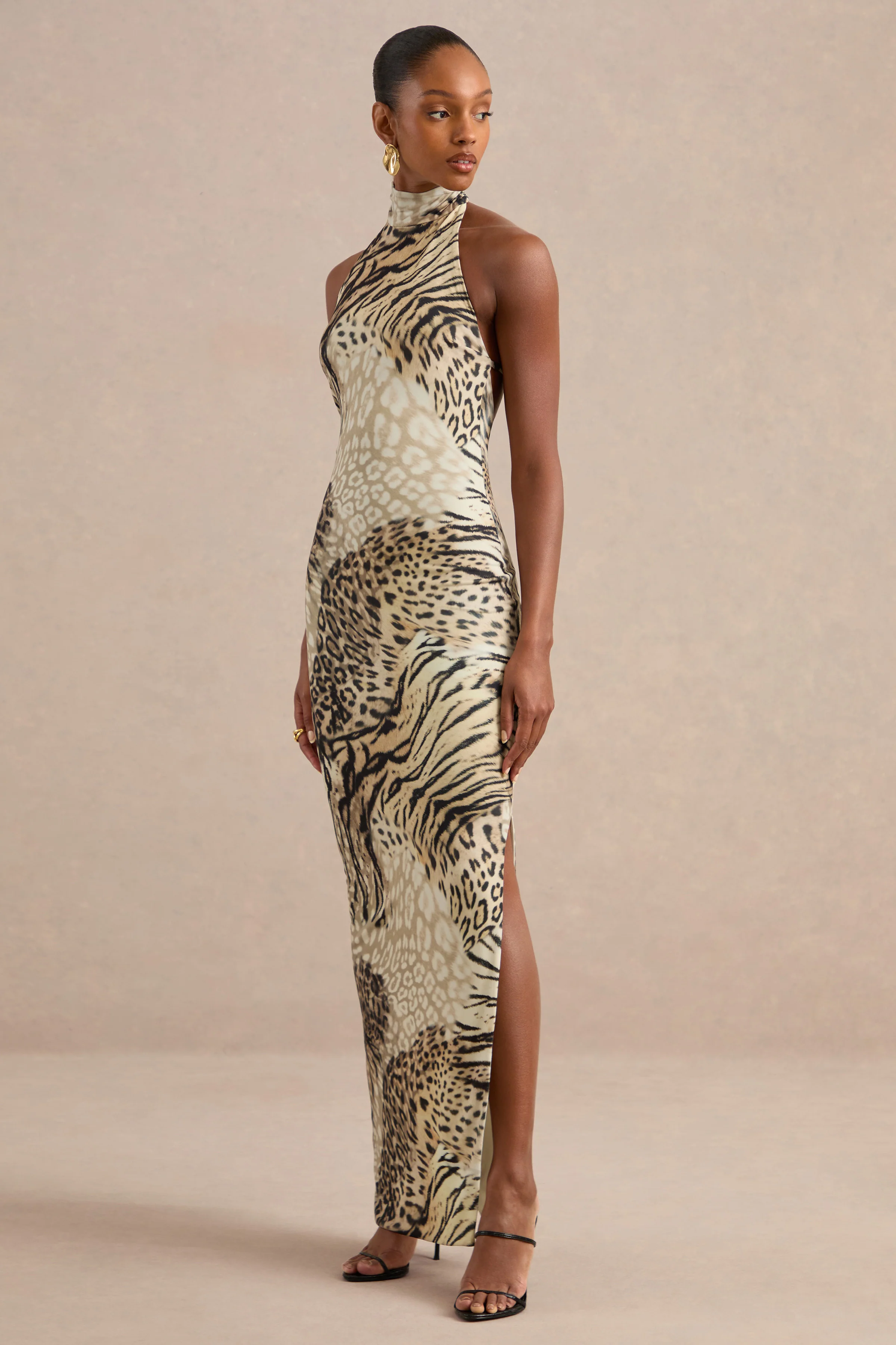 Arlise | Brown Animal Print Jersey High Neck Maxi Dress With Open Back