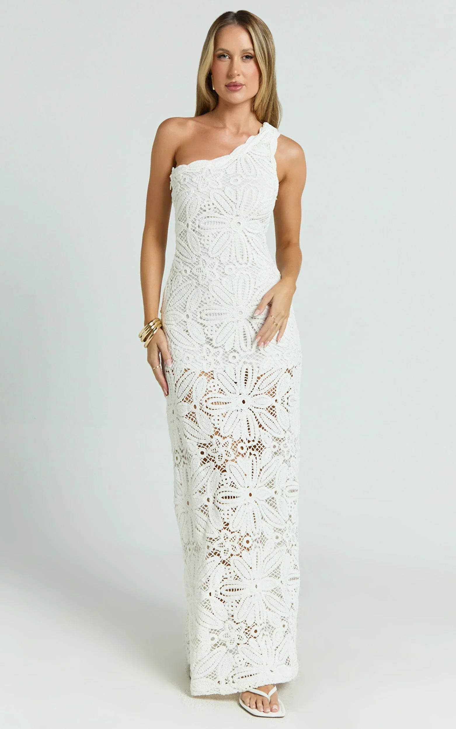 Charlene Maxi Dress - Crochet Knitted One Shoulder Maxi Dress in White