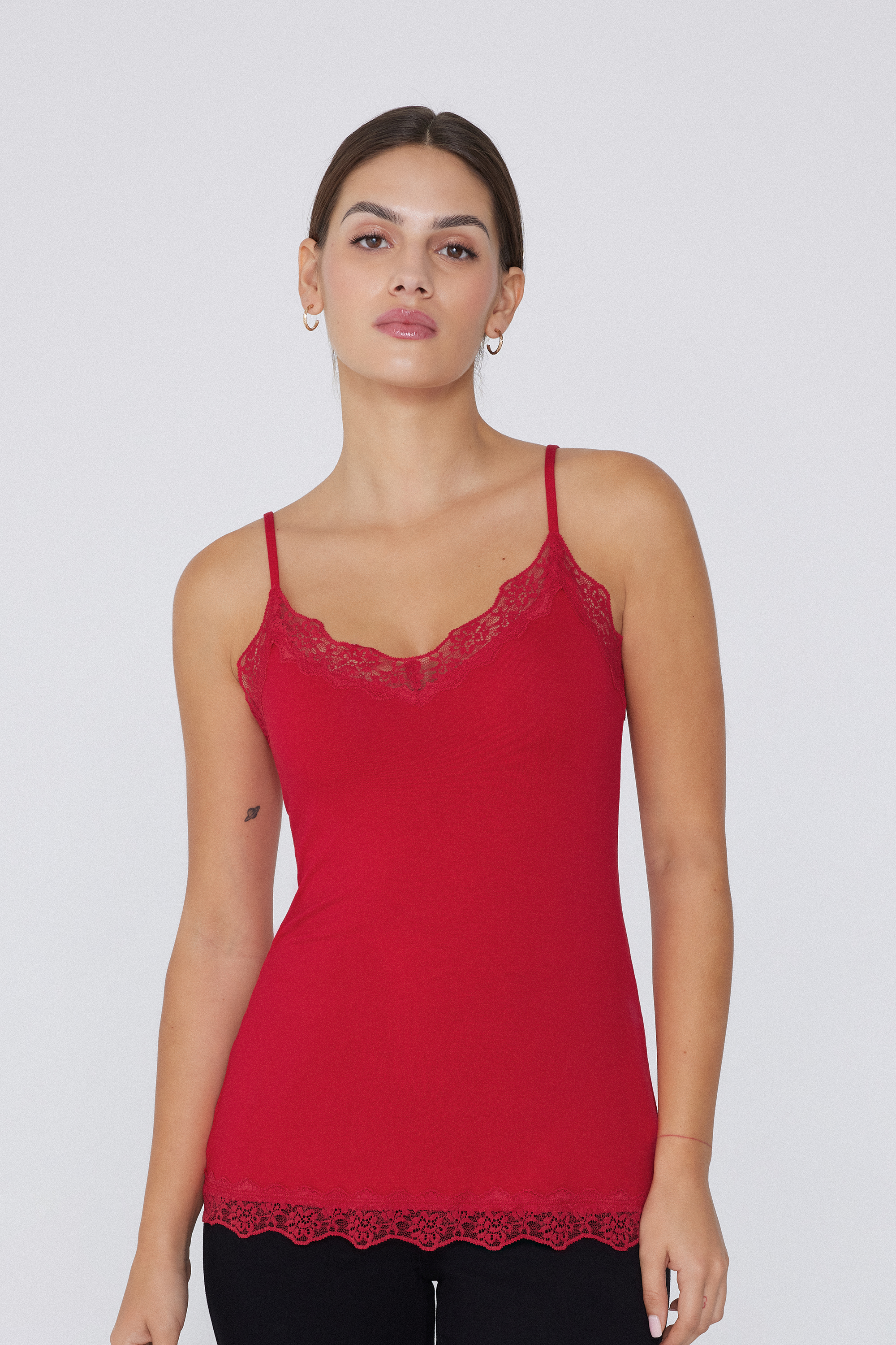 Viscose and Lace Camisole with Thin Shoulder Straps and V-Neck