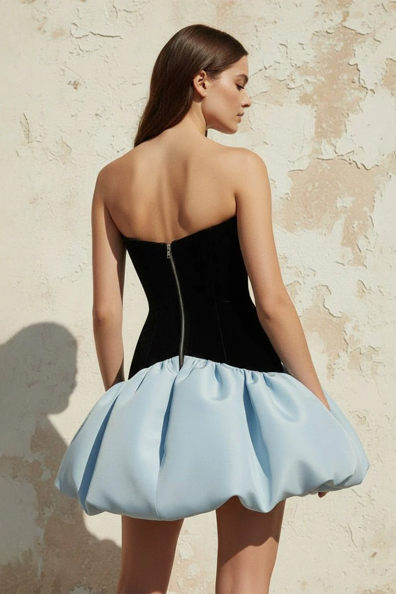Satin and Velvet Corset Mini Dress in Blue and Black