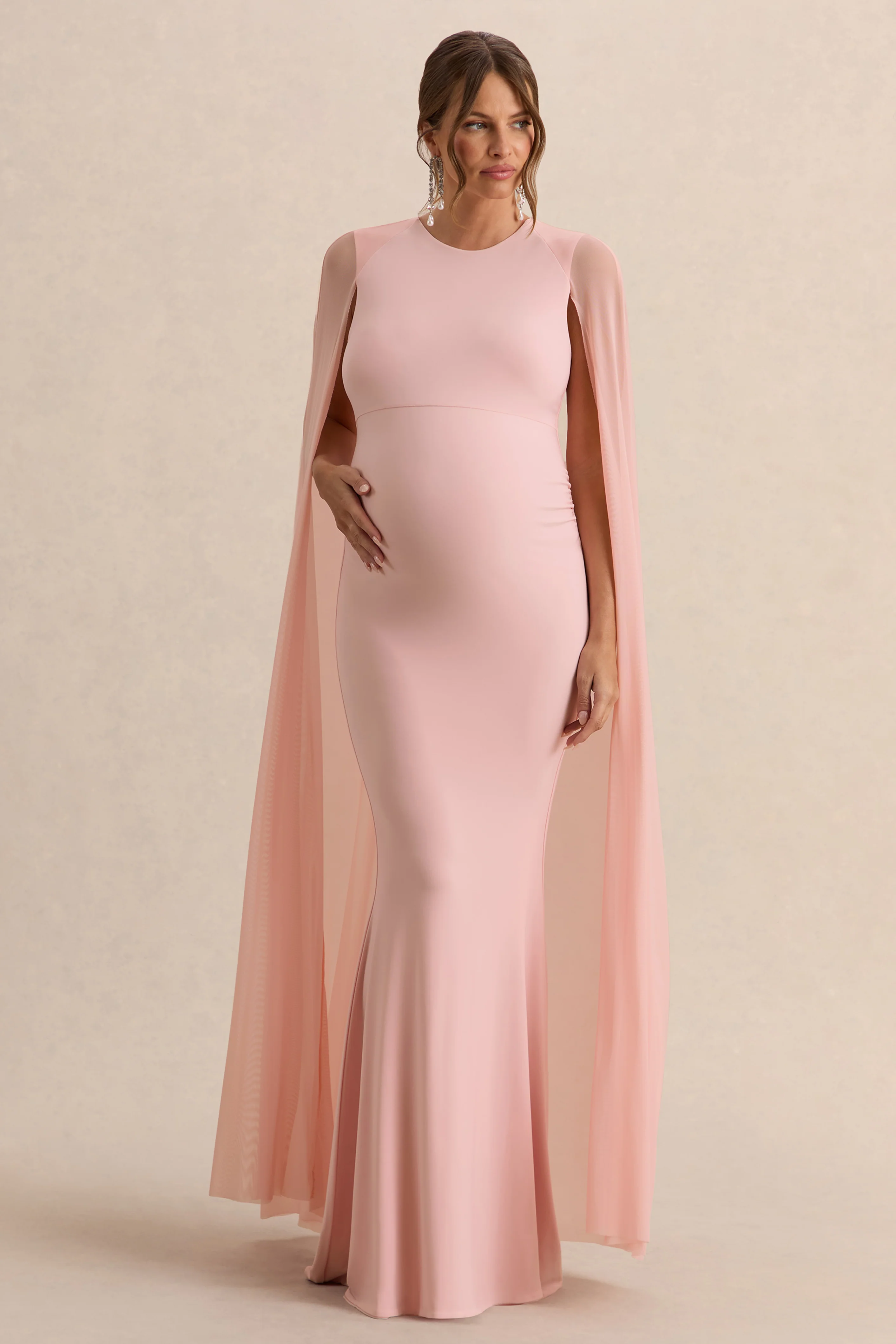 Currant | Pink Crew-Neck Maternity Maxi Dress With Cape