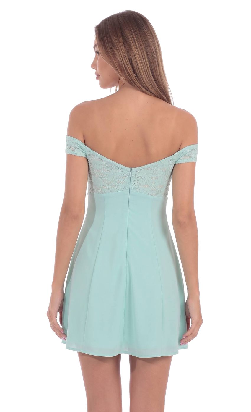 Lace Off-The-Shoulder Mini Dress in Mint