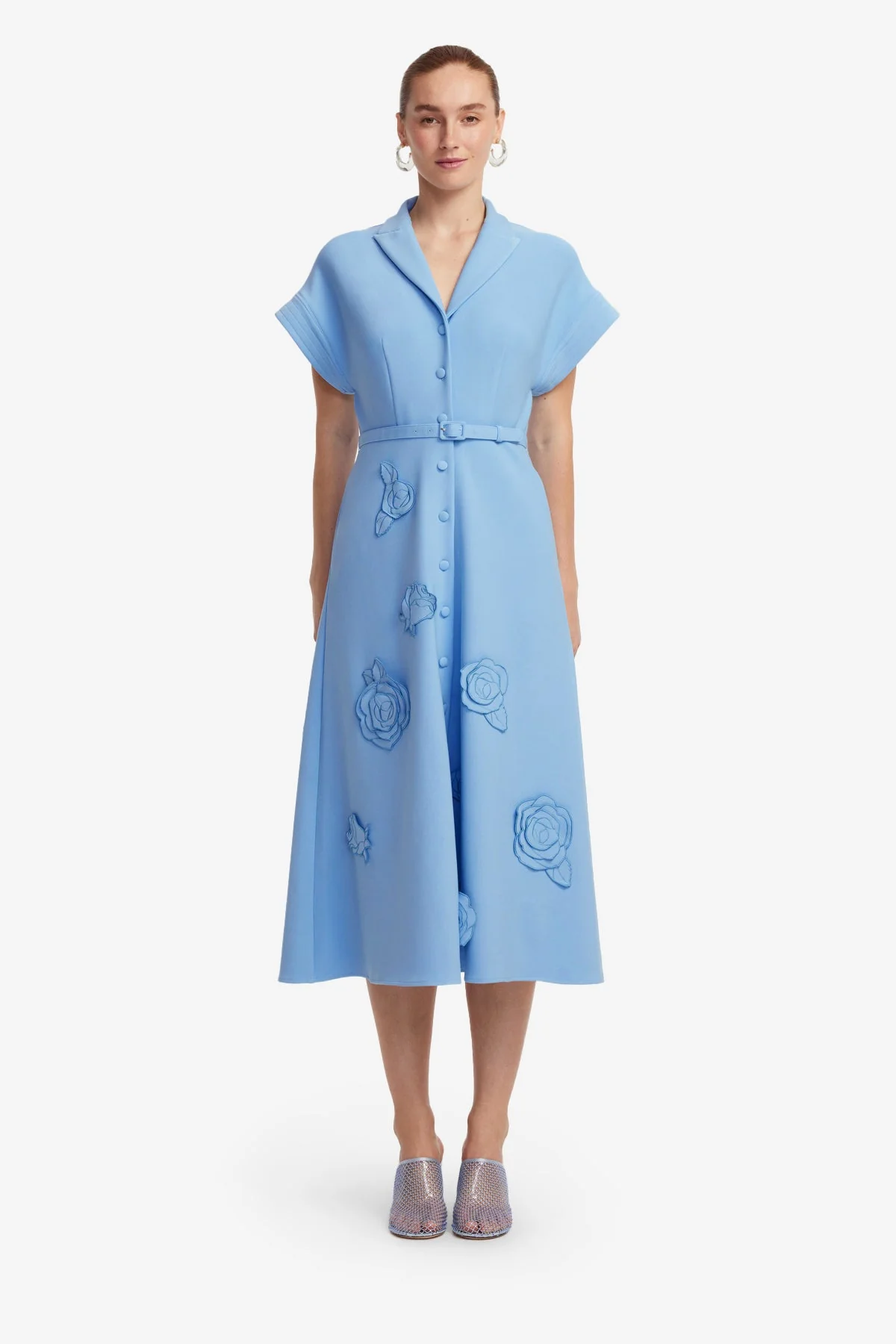 Aubrey Appliqué Shirt Midi Dress - Pastel Blue