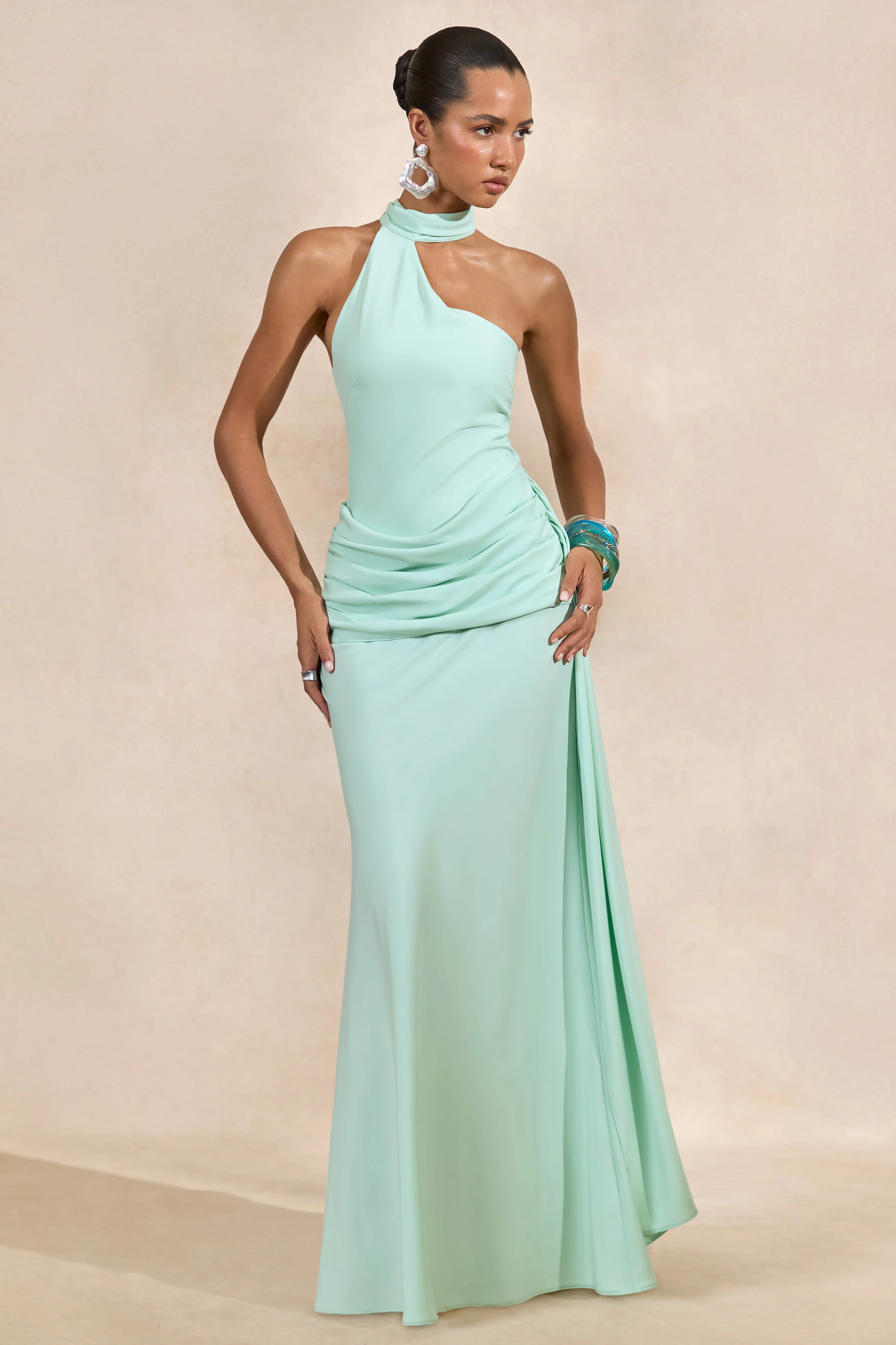 Aevina | Mint Satin Asymmetric-Neck Maxi Dress With Scarf-Detail