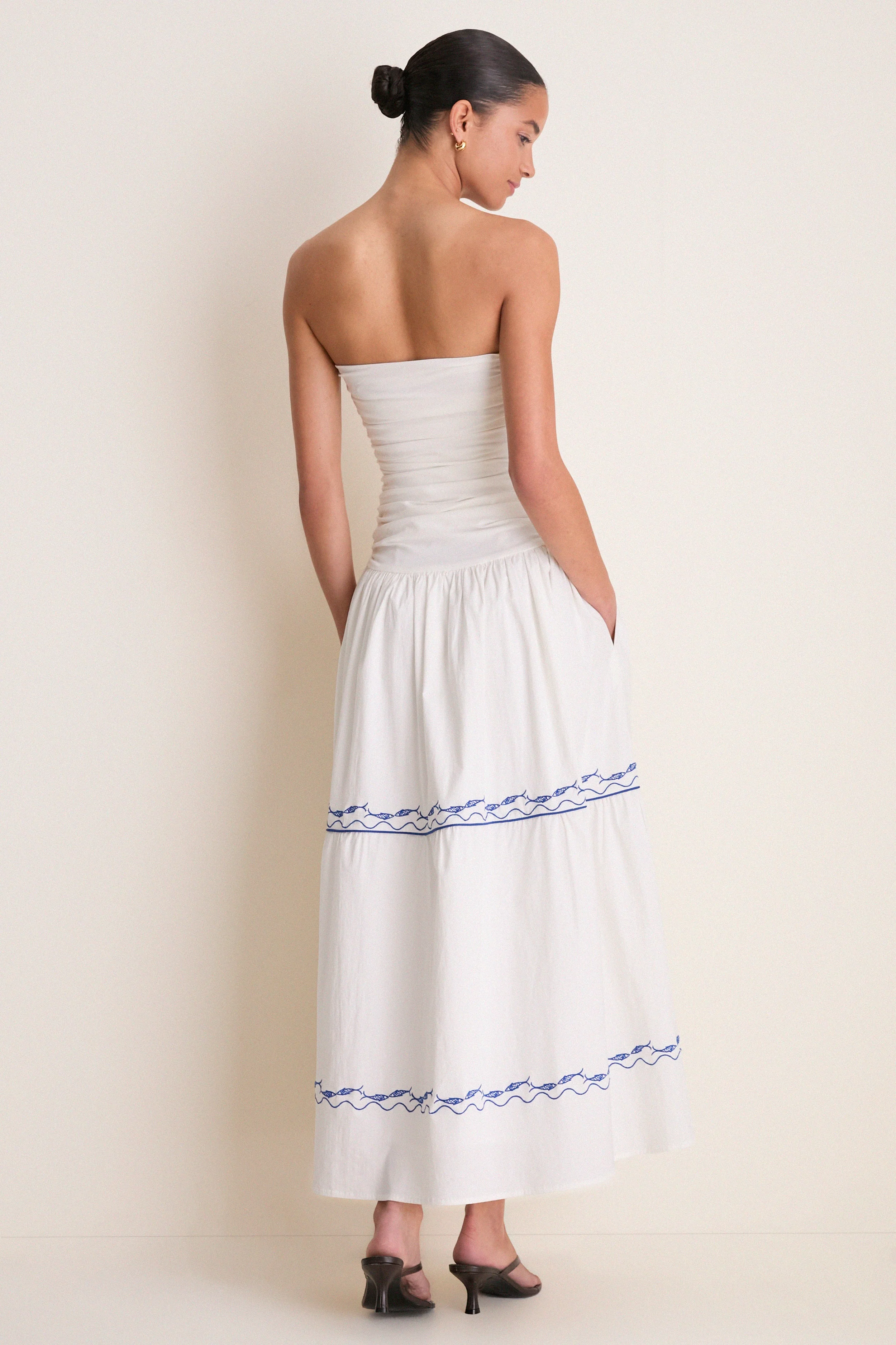 White and Blue Oia Midi Dress