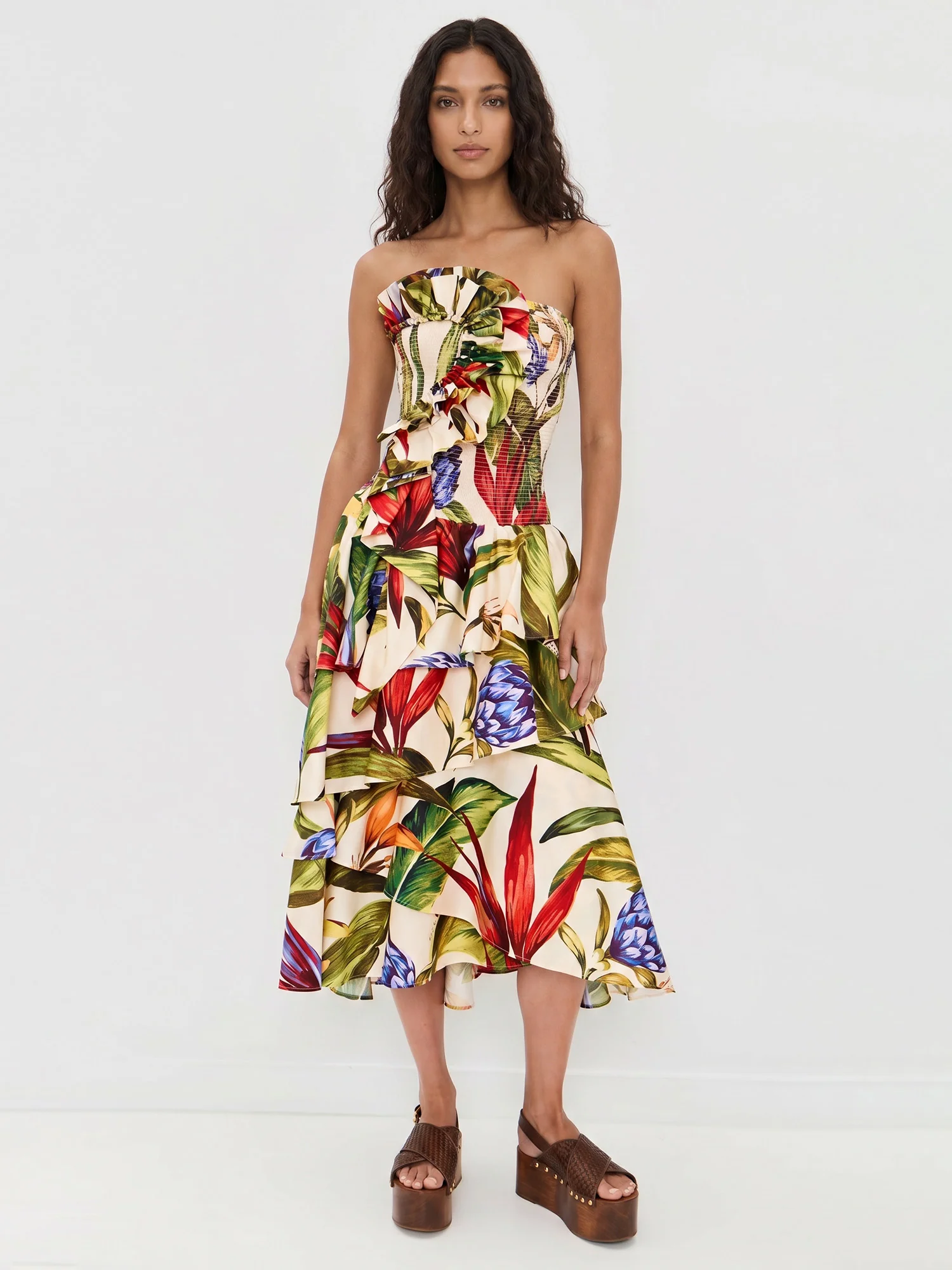 Vibrant Floral Strapless Midi Dress