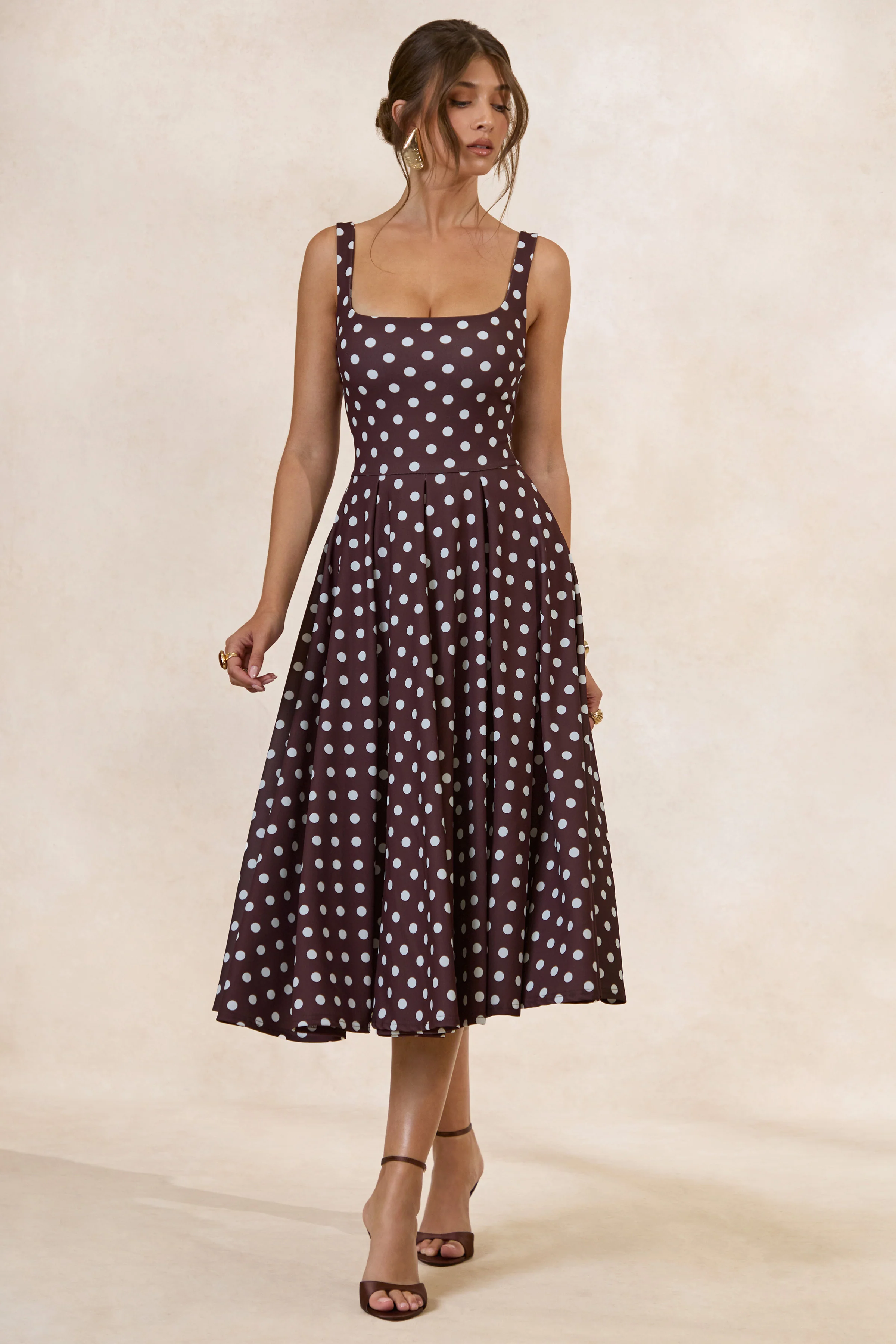 Lumera | Brown Polka-Dot Square-Neck Midi Dress