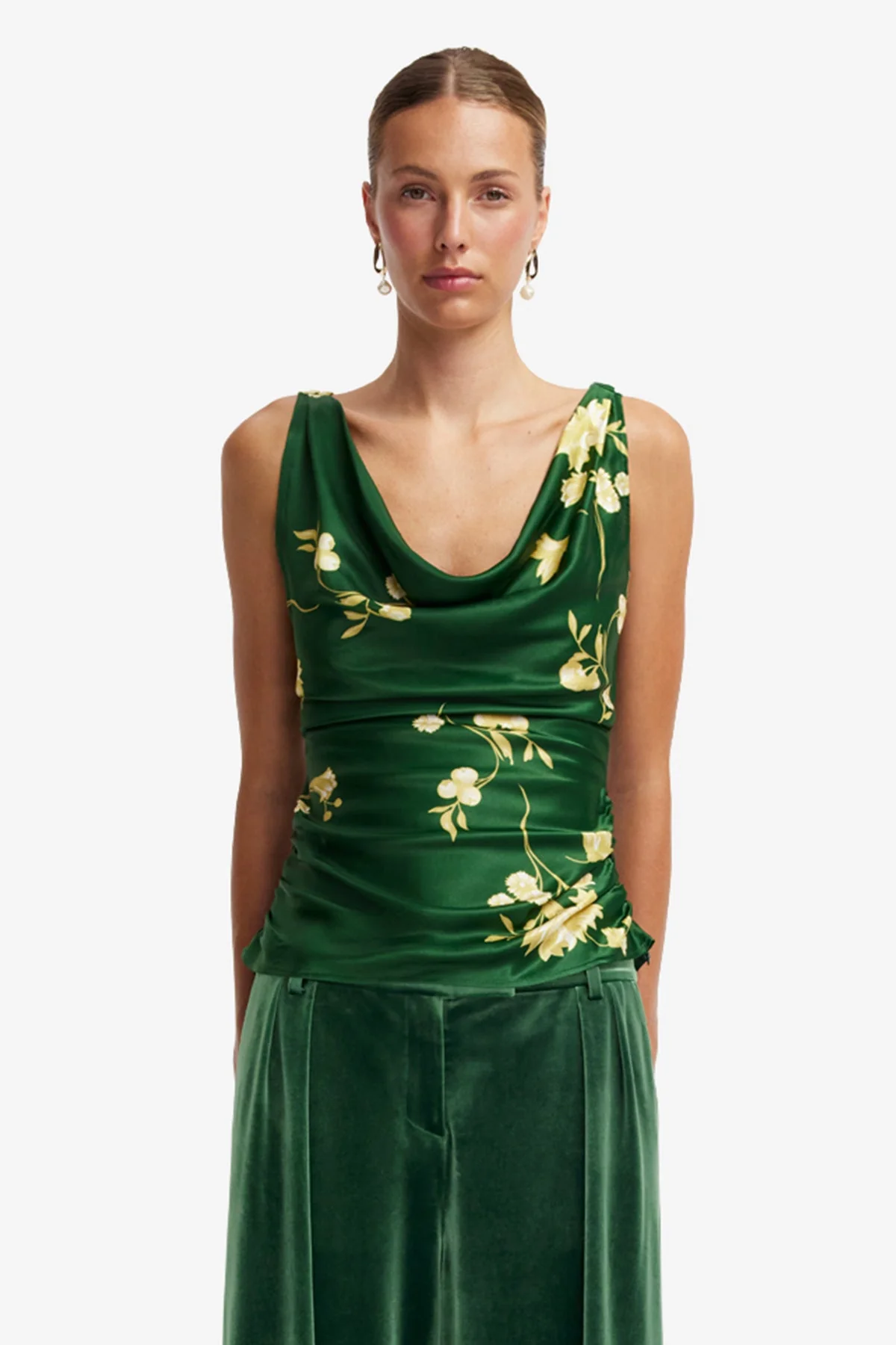 Zuri Cowl Neck Top - Forest Print
