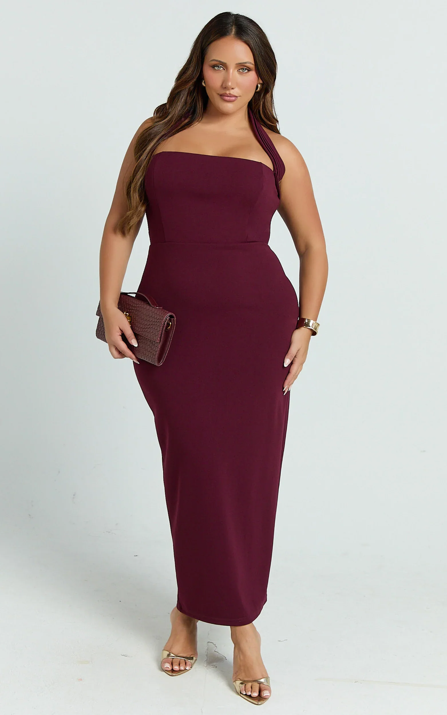 Salome Midi Dress - Halter Neck Column Dress in Wine