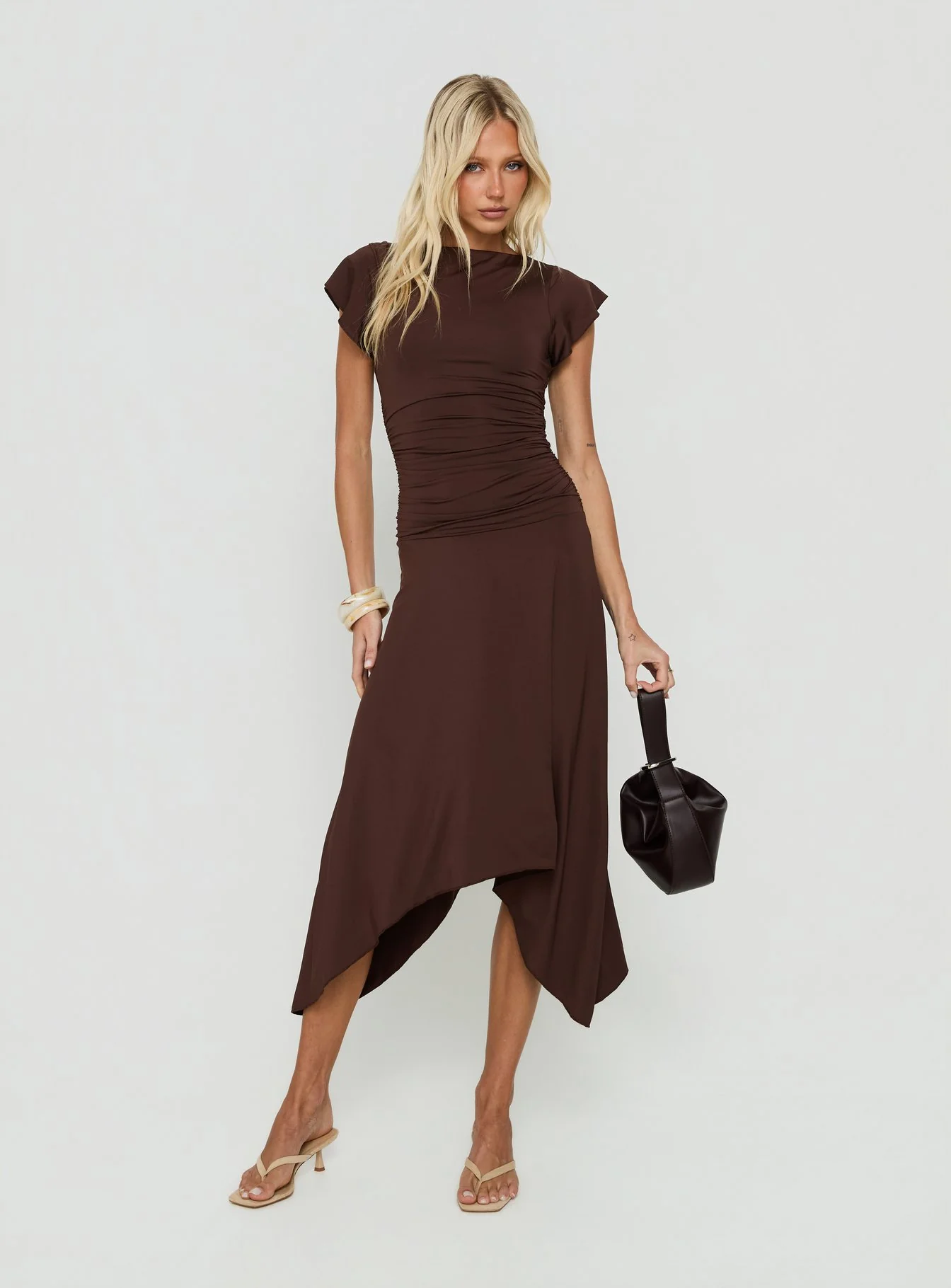 Florra Ruched Short Sleeve Midi Dress Brown