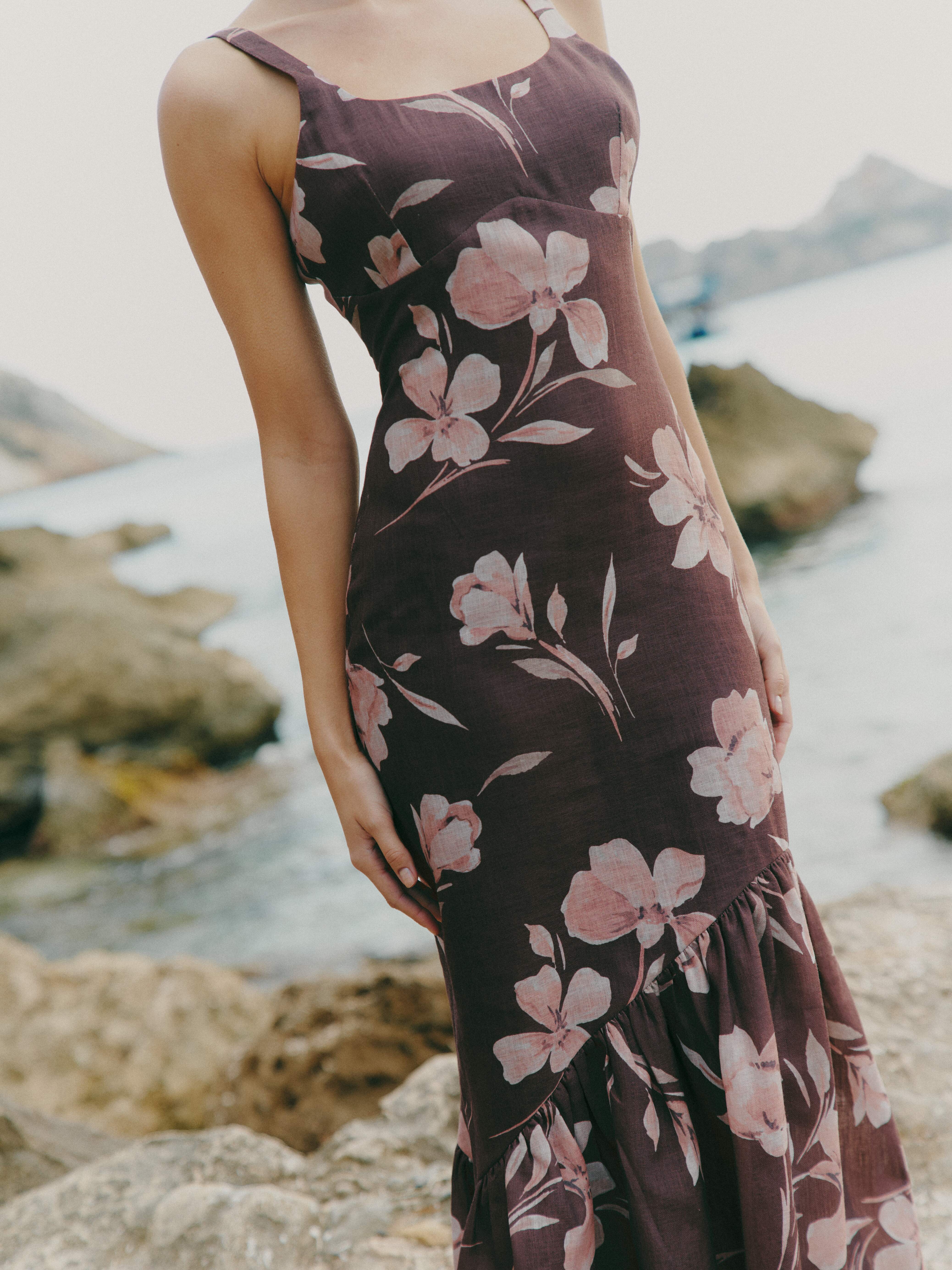 Kaia Scoop Neck Printed Frill Maxi Dress - Brown Botanical Lily Floral