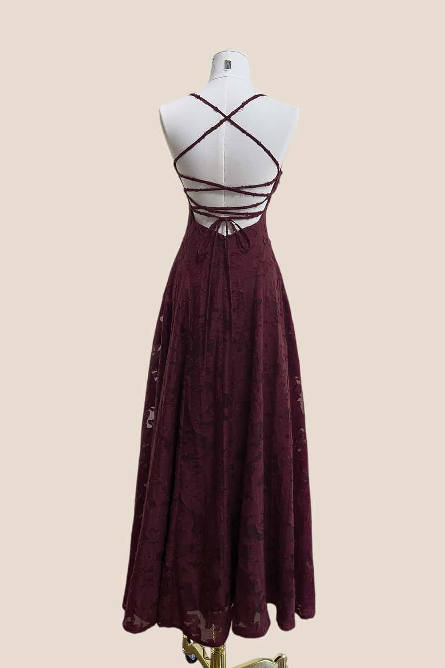 Burgundy Lace Cowl Neck A-line Long Dress