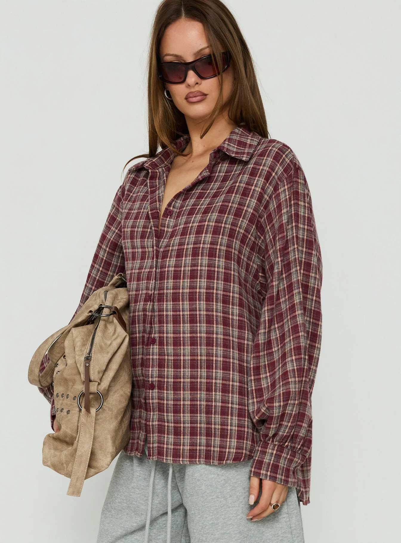 Caydence Long Sleeve Button Down Flannel Top Burgundy Check