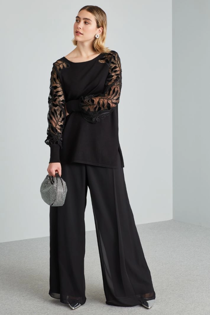 Viscose and lace sweater - BLACK