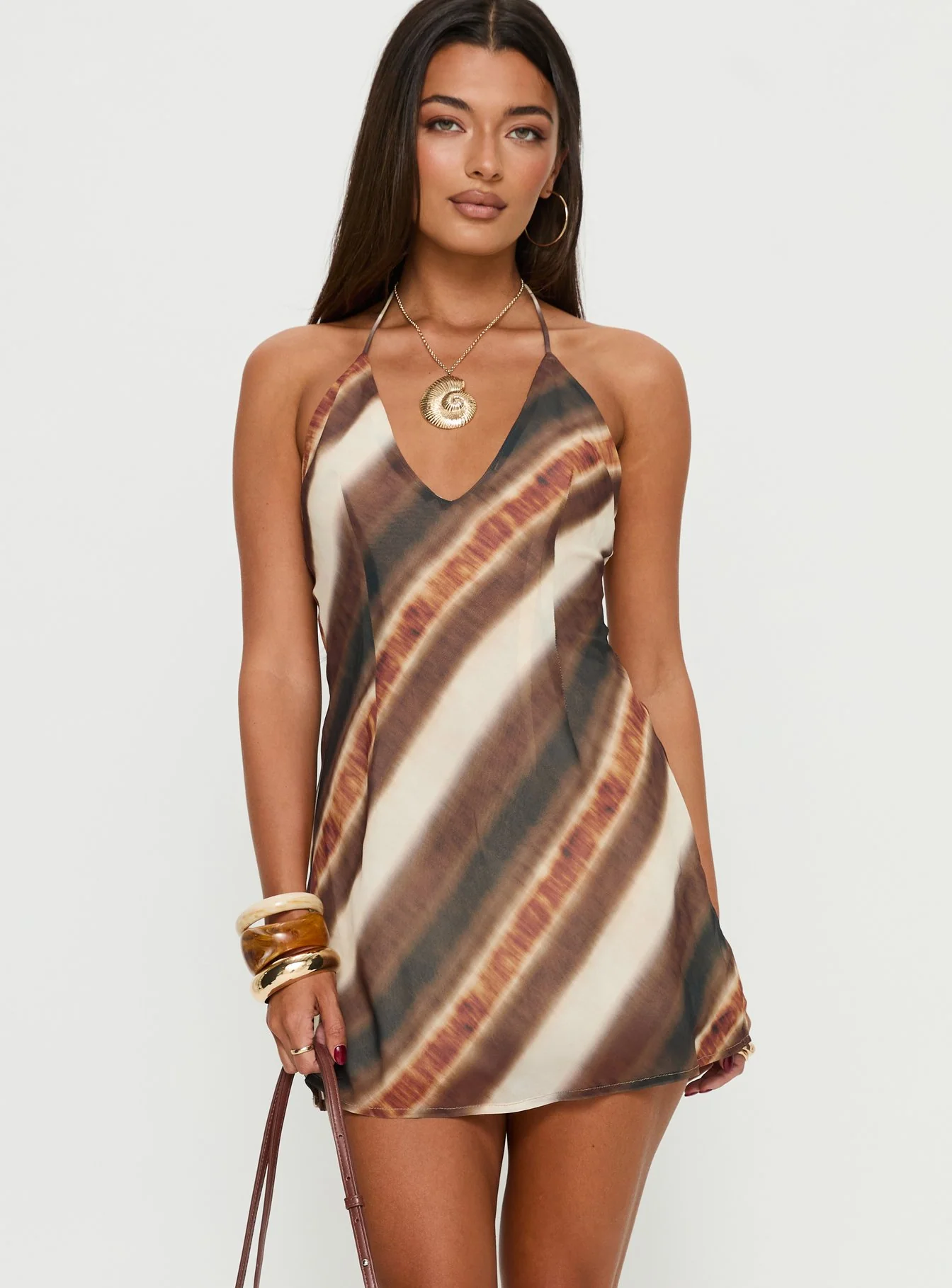 Esmira Halter Mini Dress Brown Stripe Tall