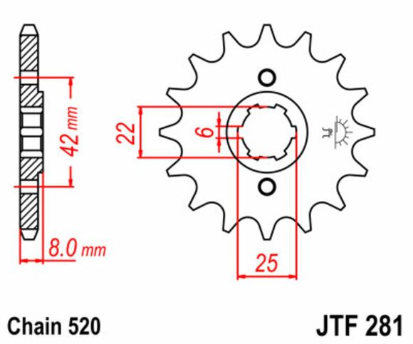 JT. standard steel 281 - 520 countershaft sprocketRef: Jtc01382A / 1077322004