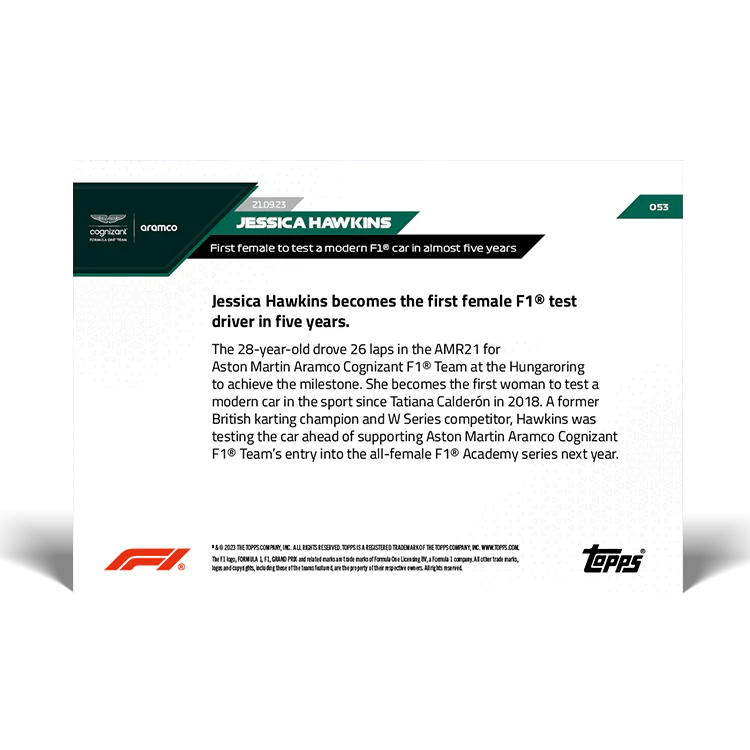 Topps UK - Jessica Hawkins - First Female F1 Test Driver In Five Years - F1 TOPPS NOW® Card #53