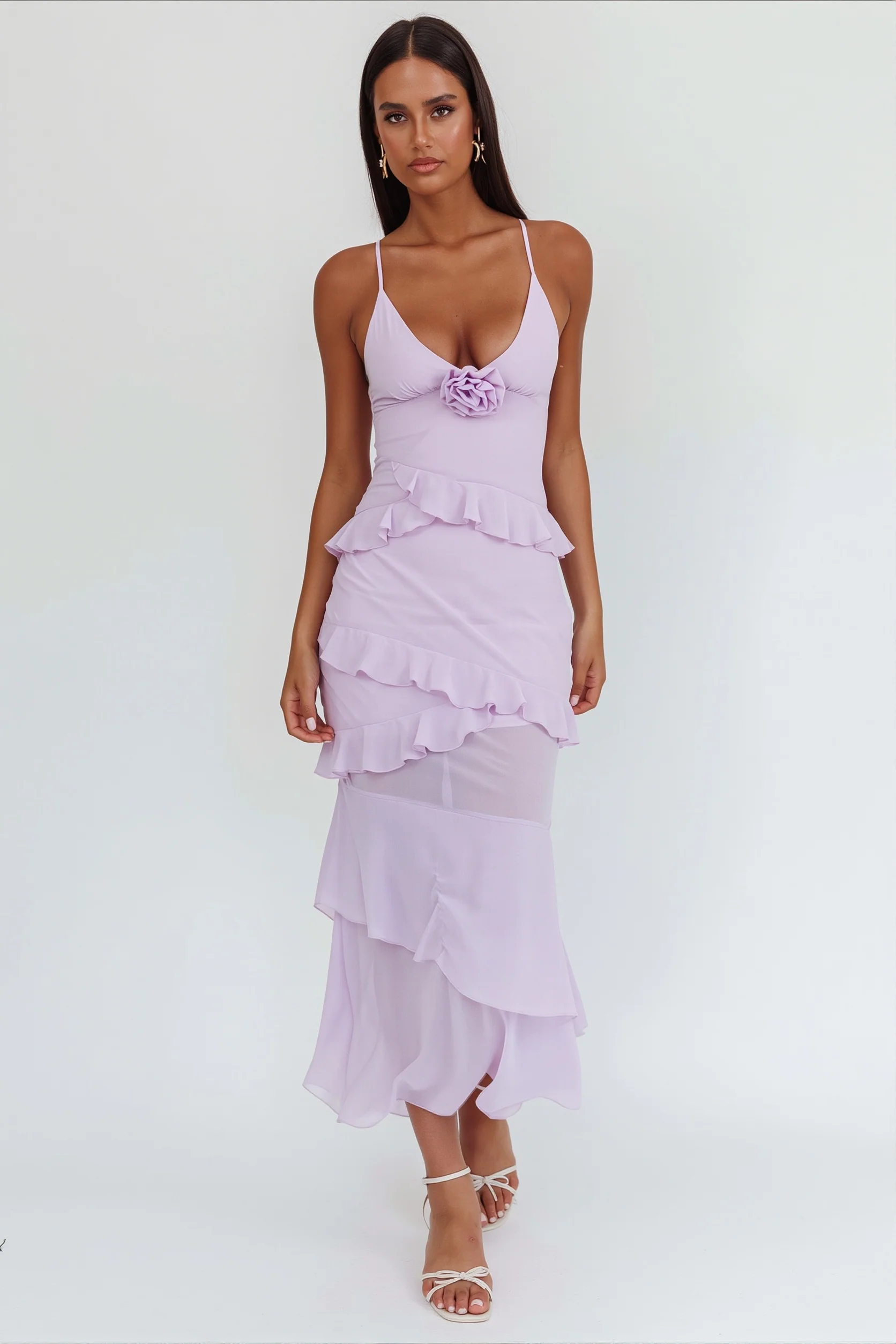 Flowy Solid Ruffle Slim Cami Maxi Dress