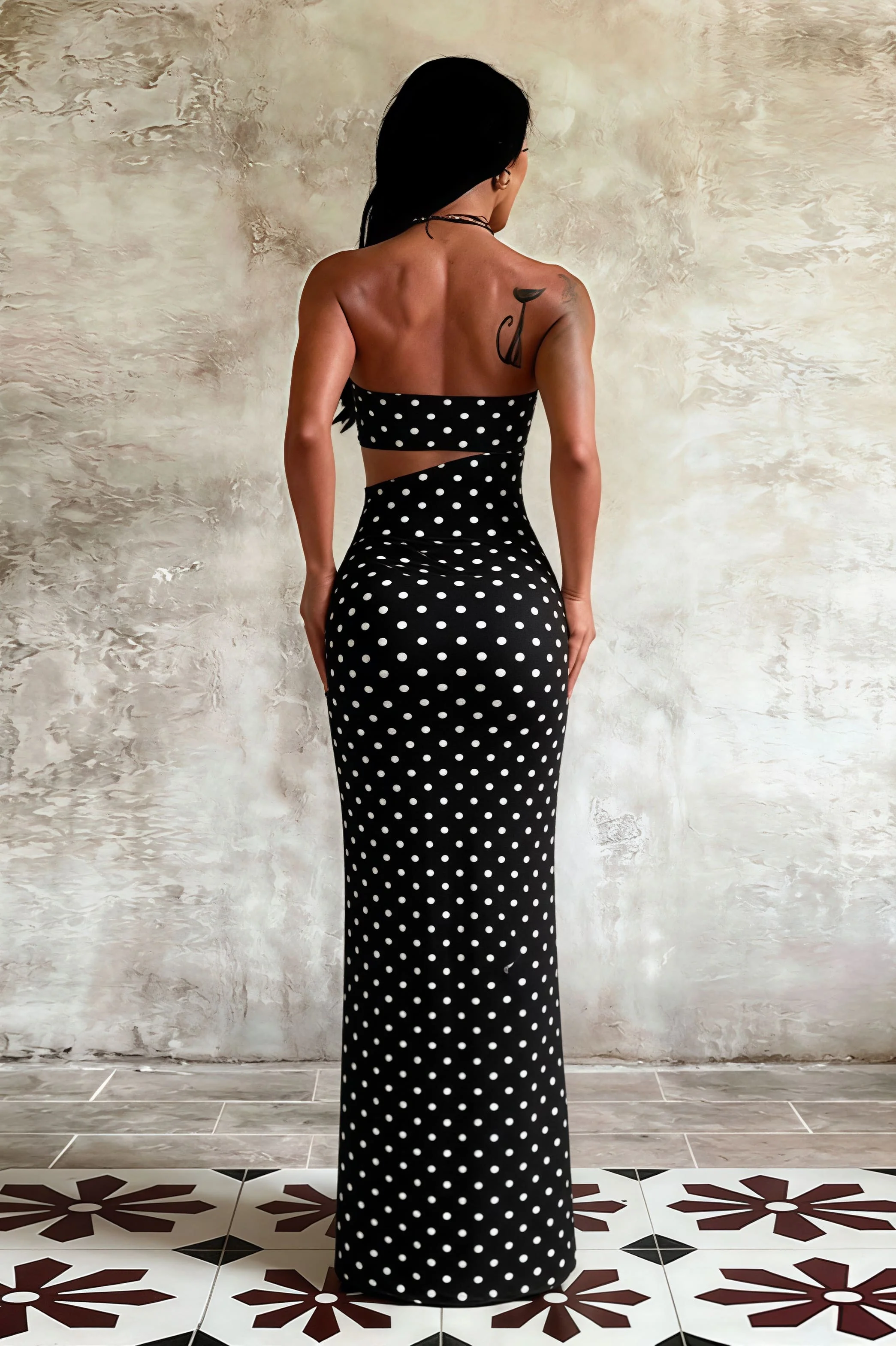 Printed Strapless Cut Out Bodycon Maxi Dress